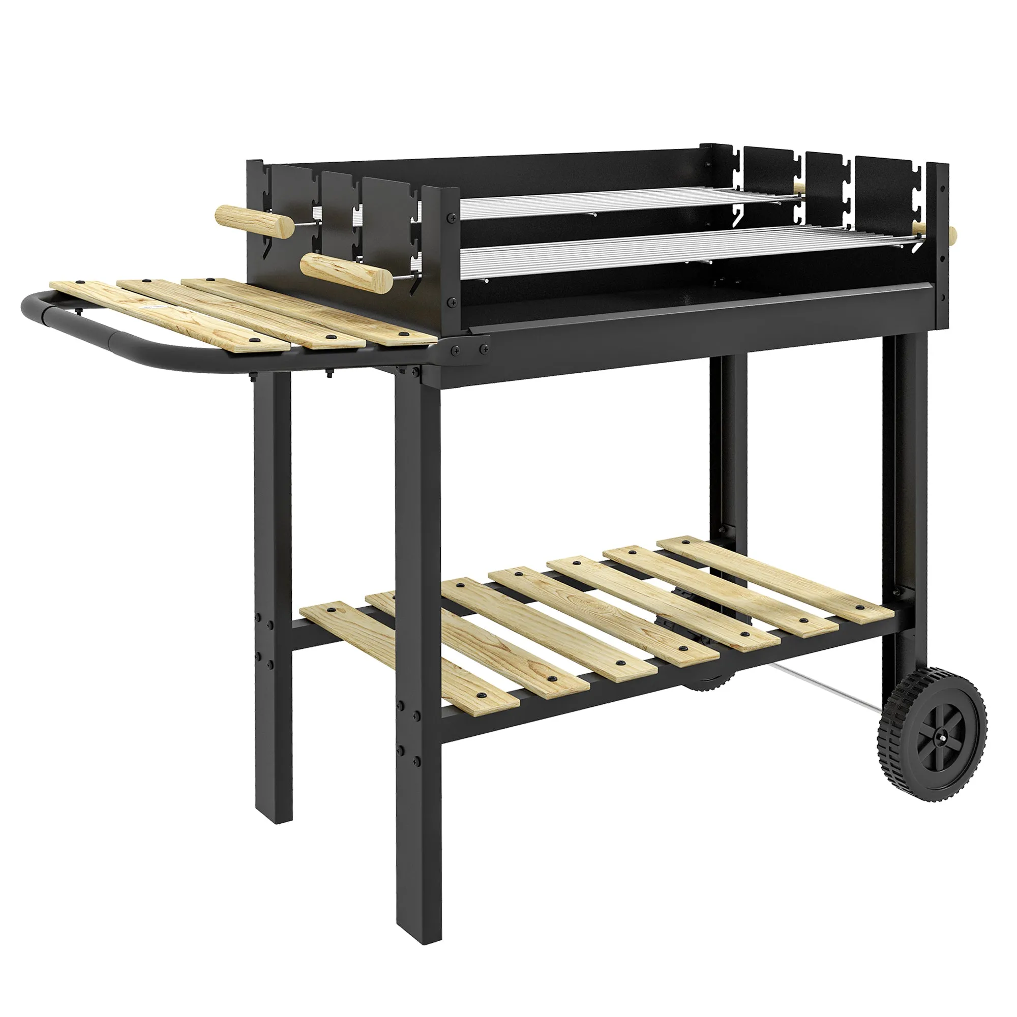 Charcoal BBQ Grill Barbecue Trolley Black with Double Adjustable Grill, Side Table, Storage Shelf and Wheels for Outdoor Garden Party Cooking