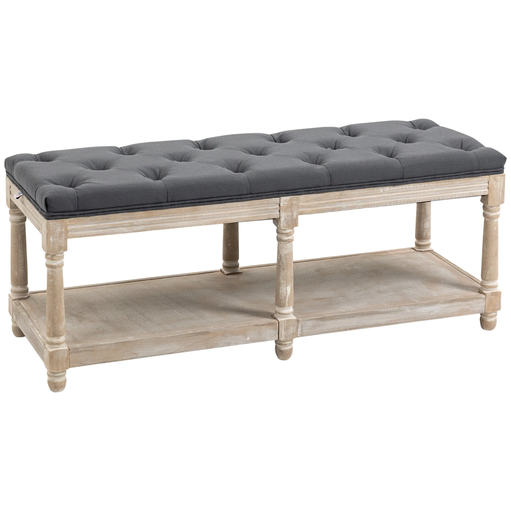 2-Tier Bed End Bench Grey Vintage Wooden Window Seat with Storage Shelf Button Tufted Upholstered Footstool for Living Room Bedroom Entryway