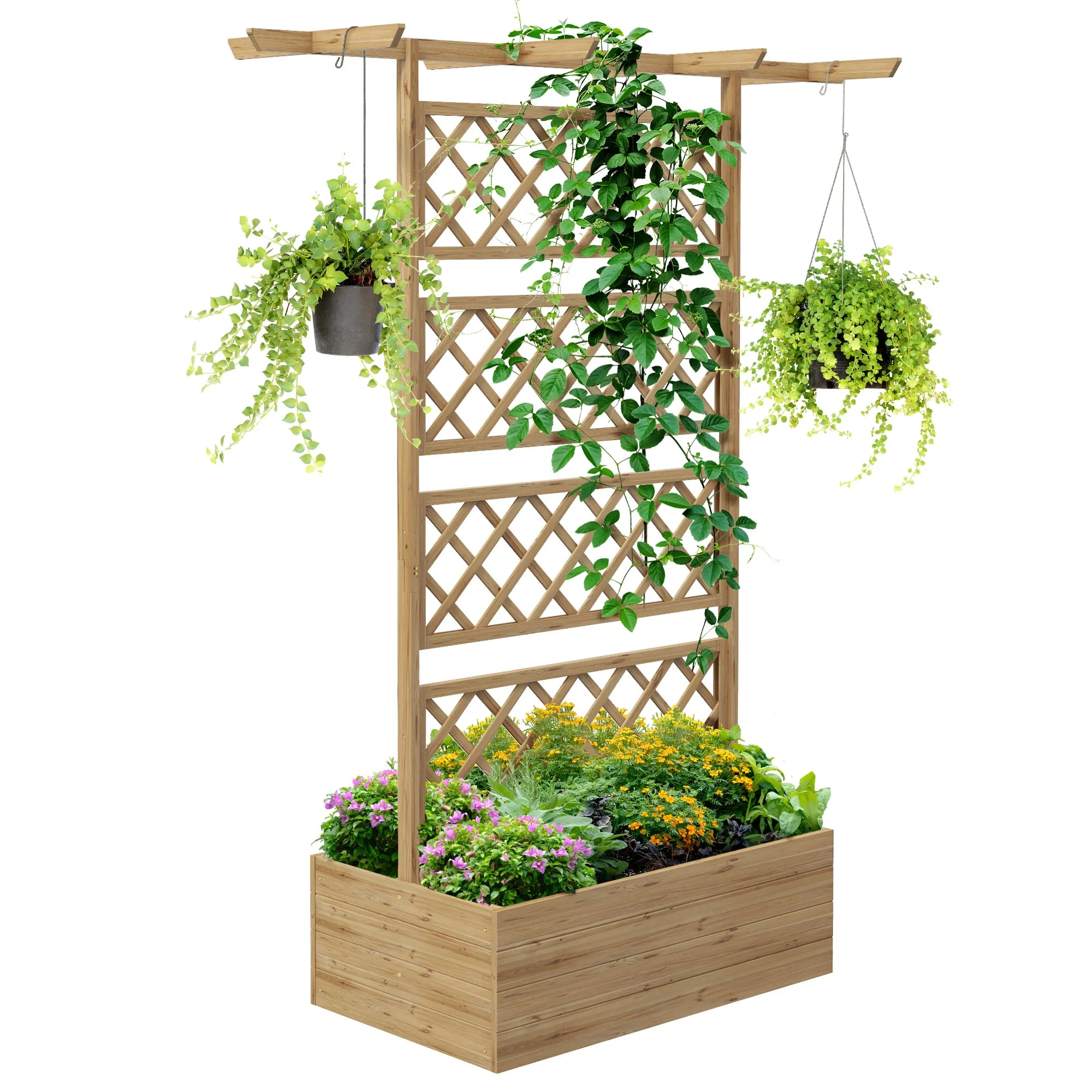 Wooden Trellis Planter Box Natural Tone Raised Garden Bed to Grow Vegetables Herbs Flowers