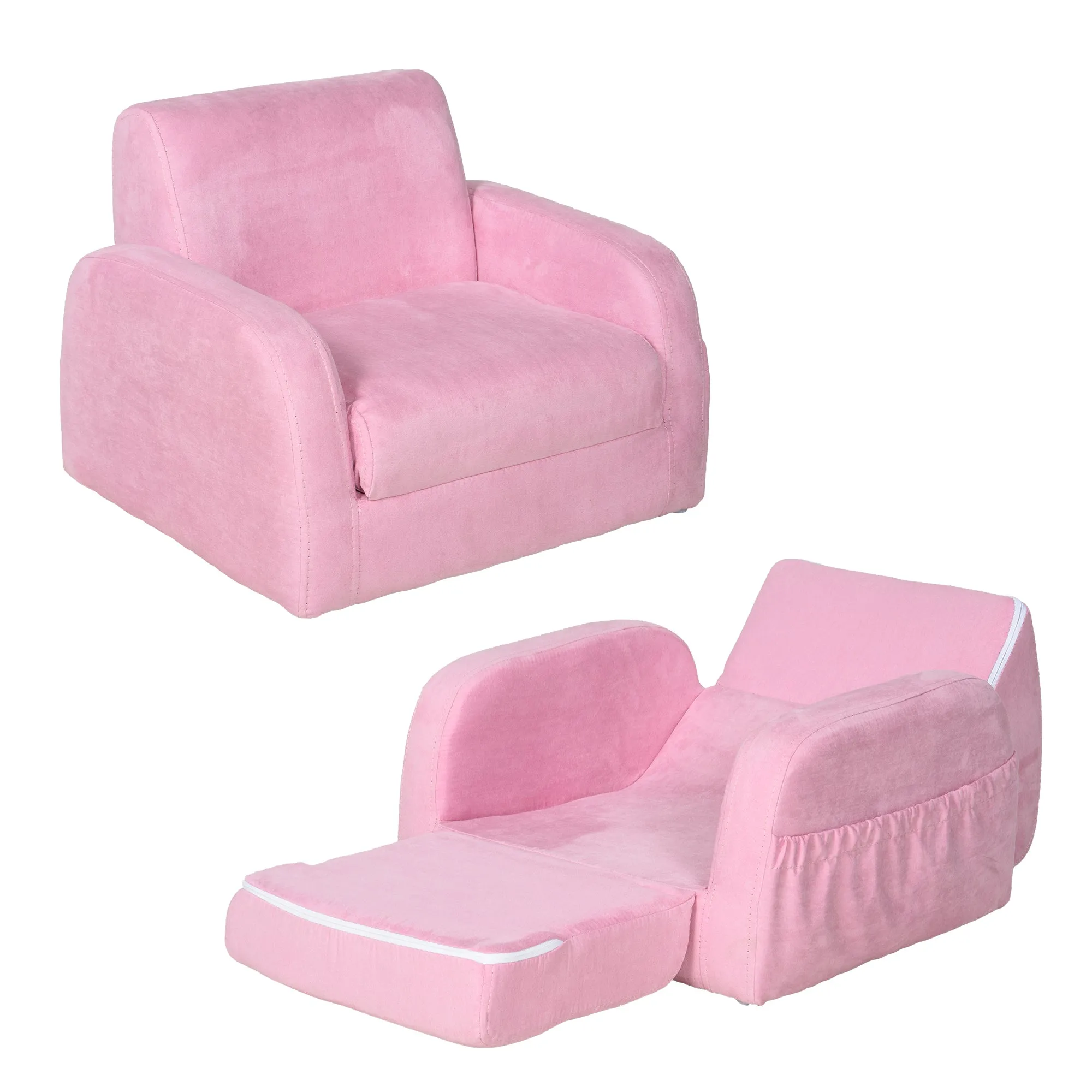 2 in 1 Kids Armchair, Toddler Sofa Bed, with Wood Frame, for Bedroom, Playroom - Pink