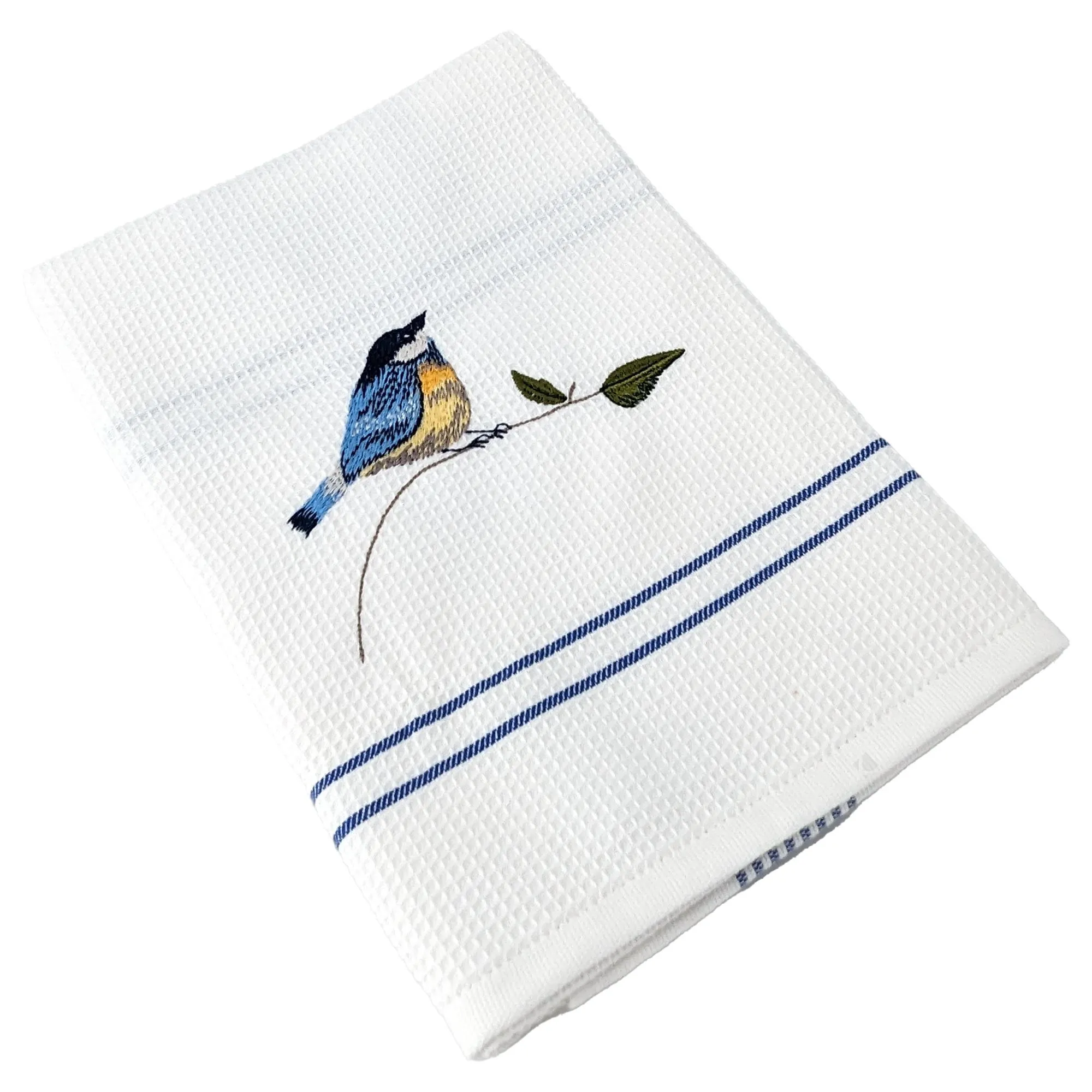 Torchon de cuisine 50x70 cm WAFFLE BRODÉ coton bleu broderie oiseaux