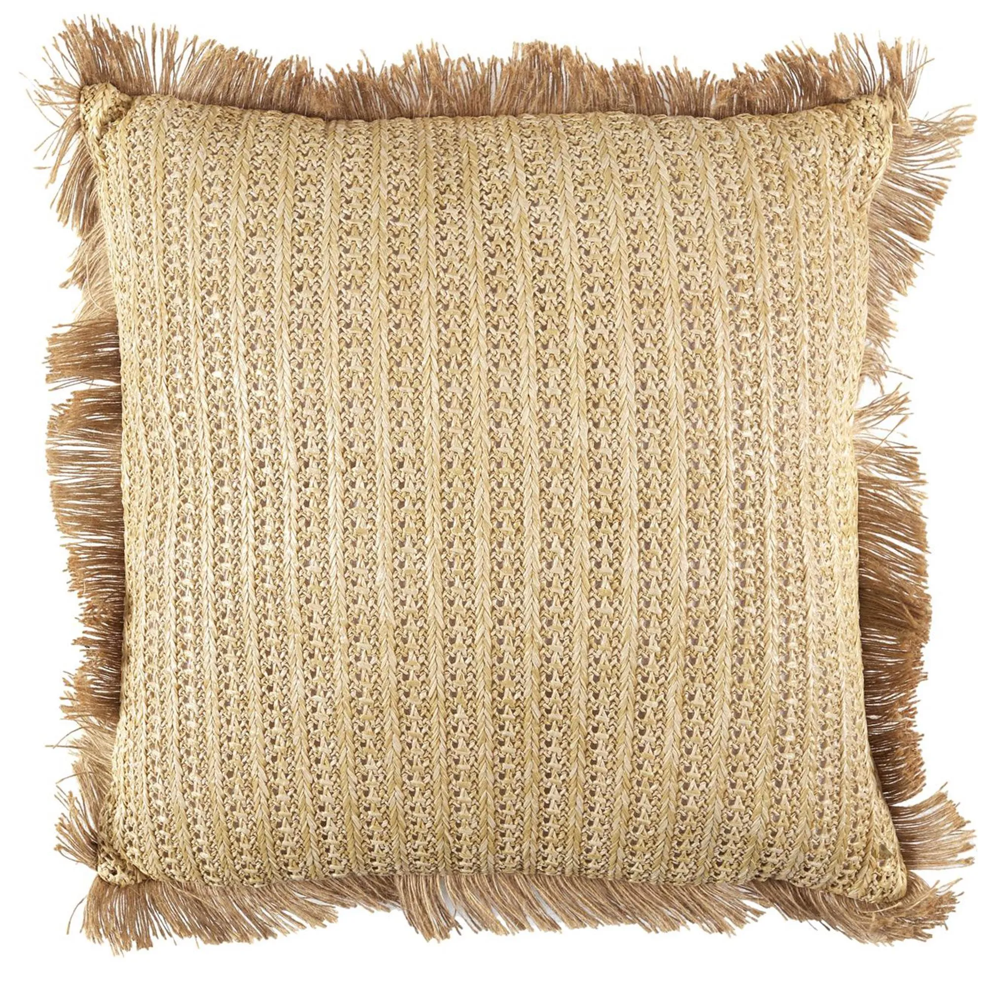 Coussin à franges en polyester et lin 40x40 cm collection RAPHIA beige doré