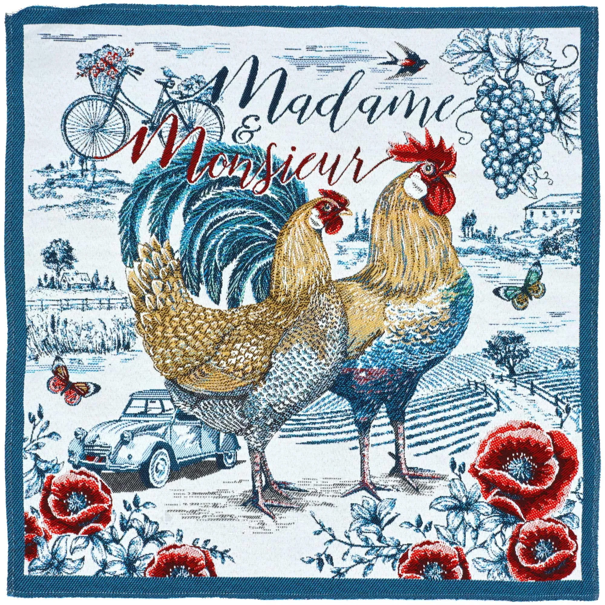 Carré de tissu jacquard polycoton motif bucolique GALINETTE bleu