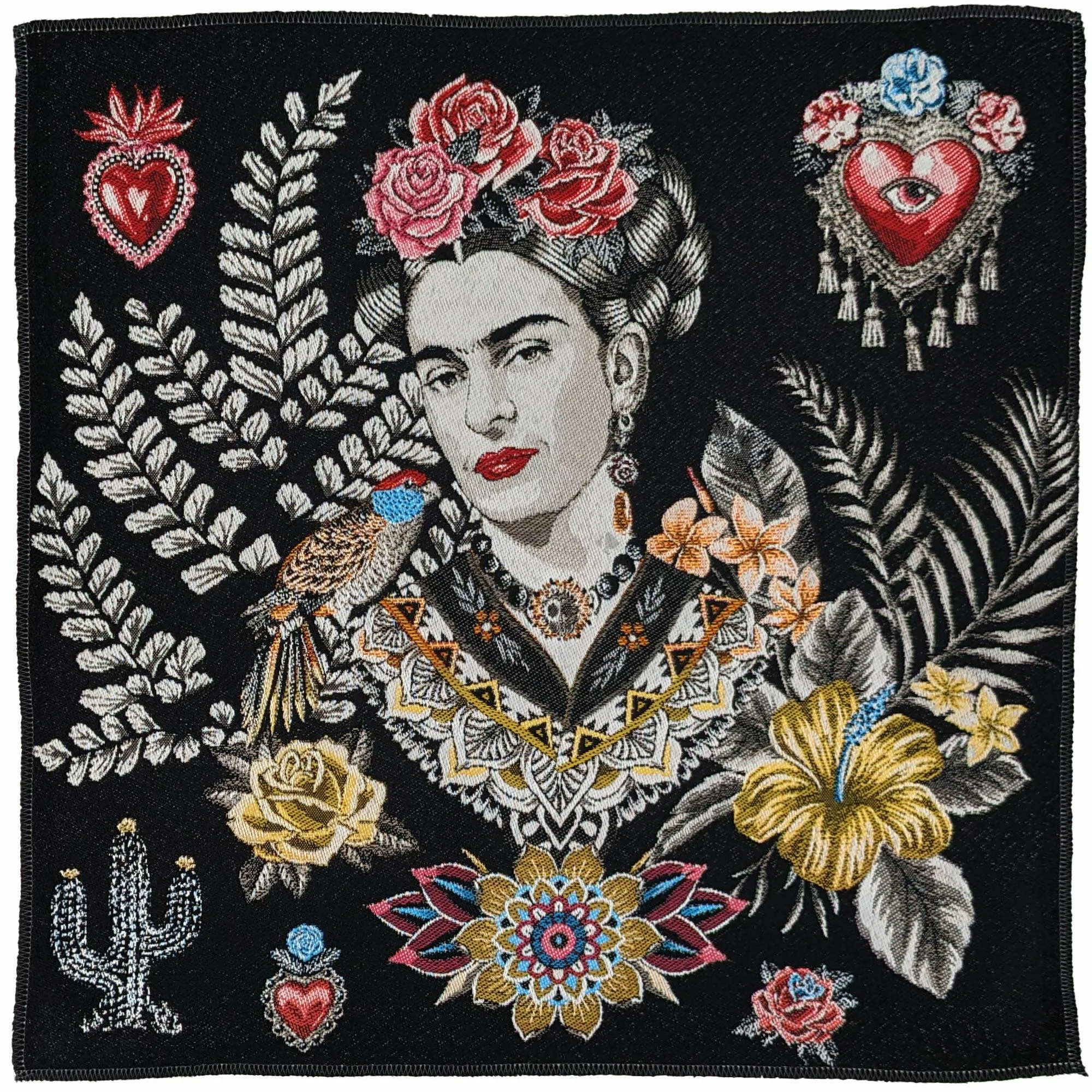 Carré de tissu jacquard polycoton motif Frida Kahlo ARTISTA Noir
