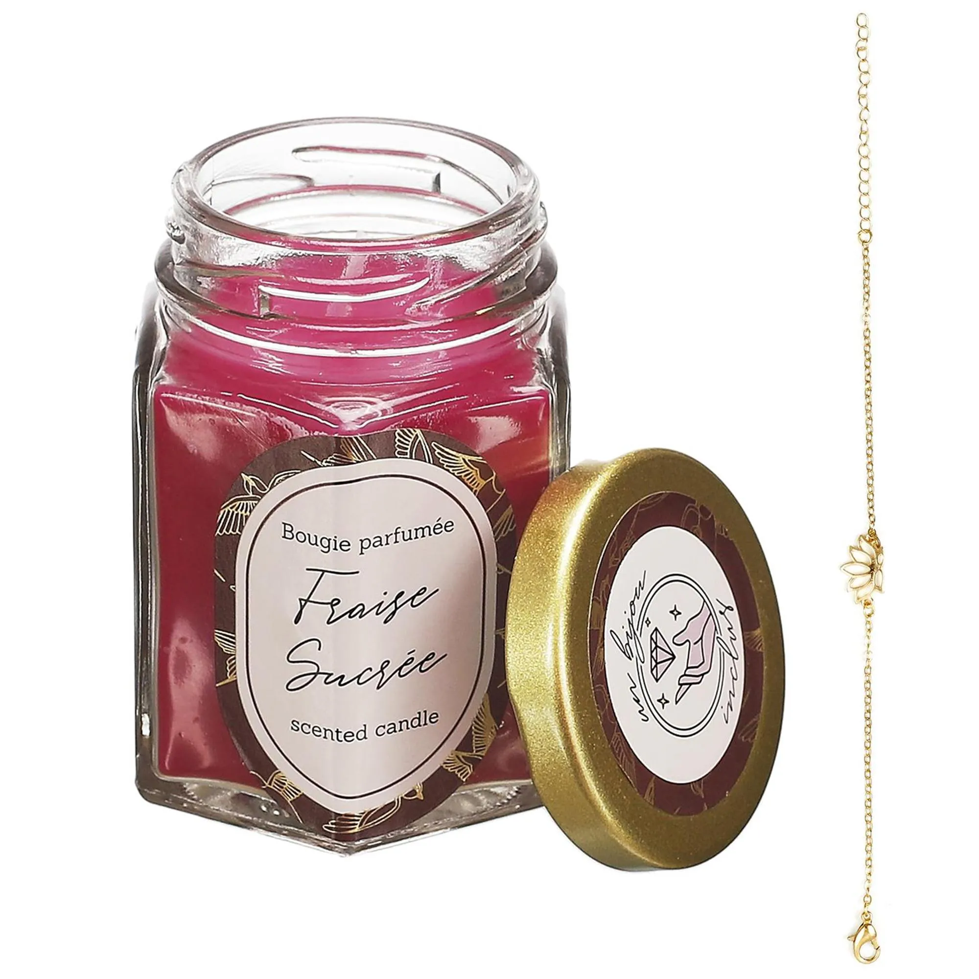 Bougie parfumée à la fraise CADIX couleur rose + bracelet surprise