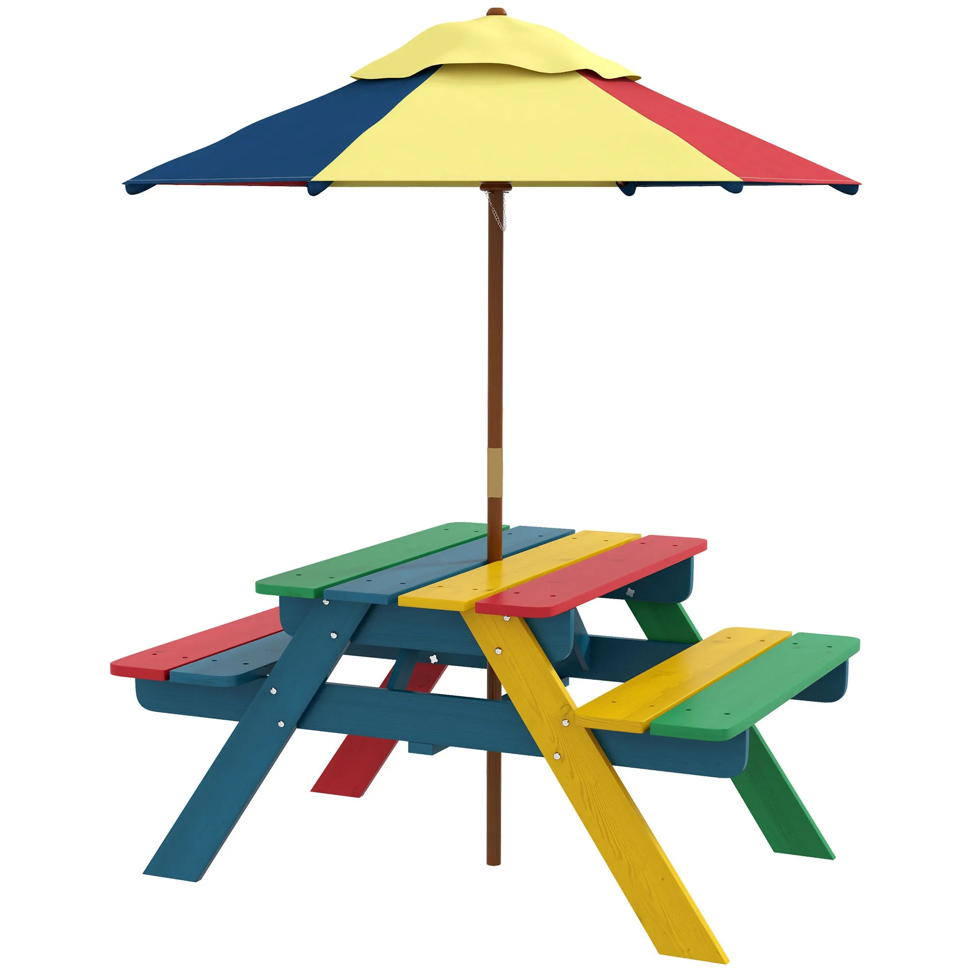 Wooden Kids Table and Chair Set with Removable Parasol, for Ages 3-6 Years - Multicoloured