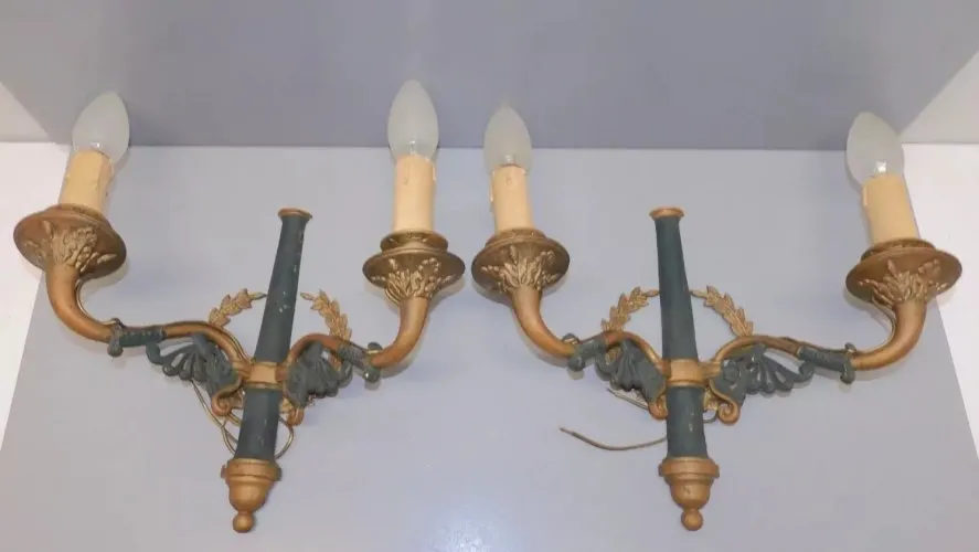-2 APPLIQUES MURALES BRONZE STYLE EMPIRE fausses Bougies Bois/Plâtre déco  D