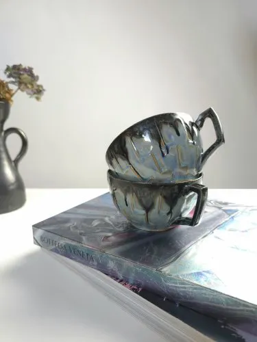 2 TASSES GRÈS FLAMMÉ ART DÉCO DENBAC Début XXÈME