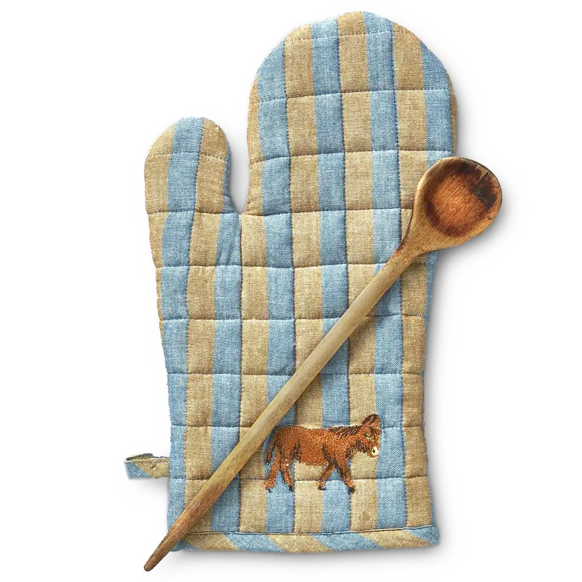 Gant de cuisine 17x33 cm brodé CEVENNES en coton rayures bleu/caramel