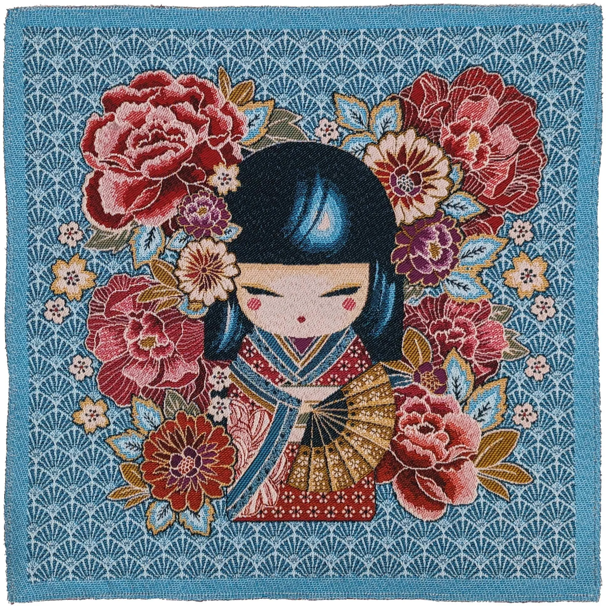 Carré de tissu polycoton motif geisha chibi MINA bleu Turquoise