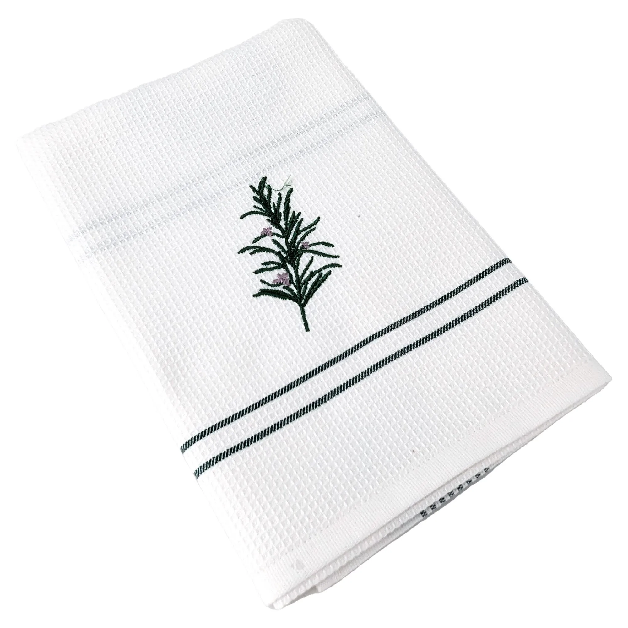 Torchon de cuisine 50x70 cm WAFFLE BRODÉ coton vert broderie romarin