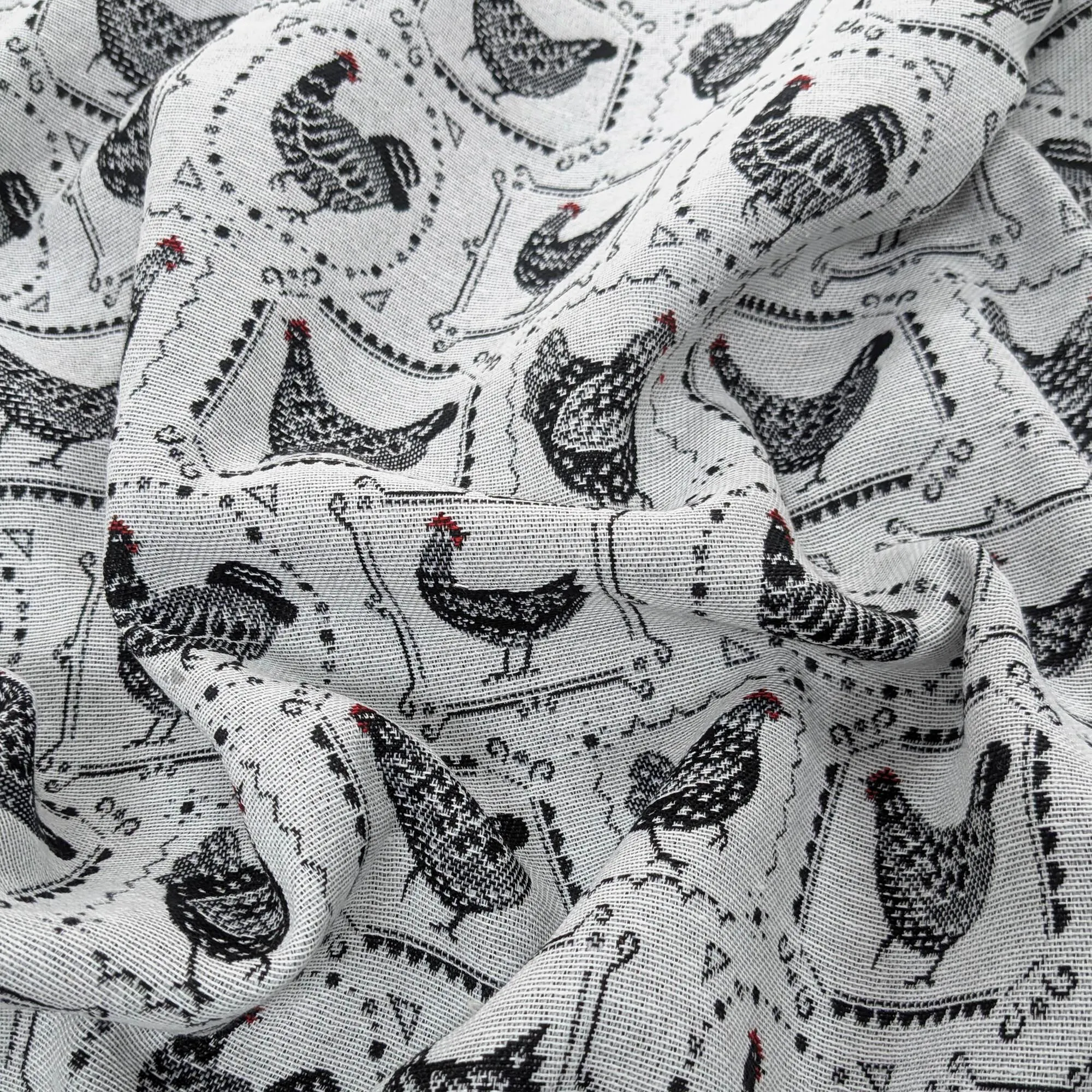 Tissu jacquard tissé teint polyester et coton 358 g/m² collection POULES blanc et noir