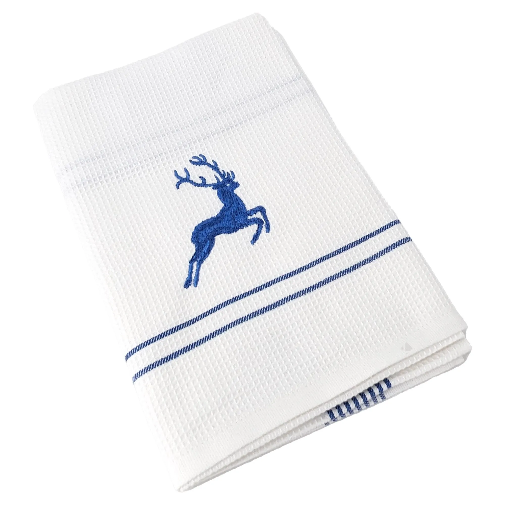 Torchon de cuisine 50x70 cm WAFFLE BRODÉ coton bleu broderie cerf
