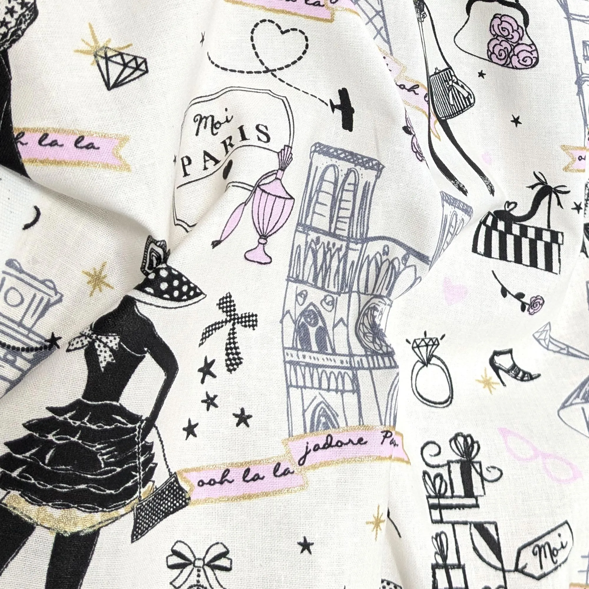 Tissu cretonne lourde imprimée MOI PARIS pur coton motifs chic blanc doré