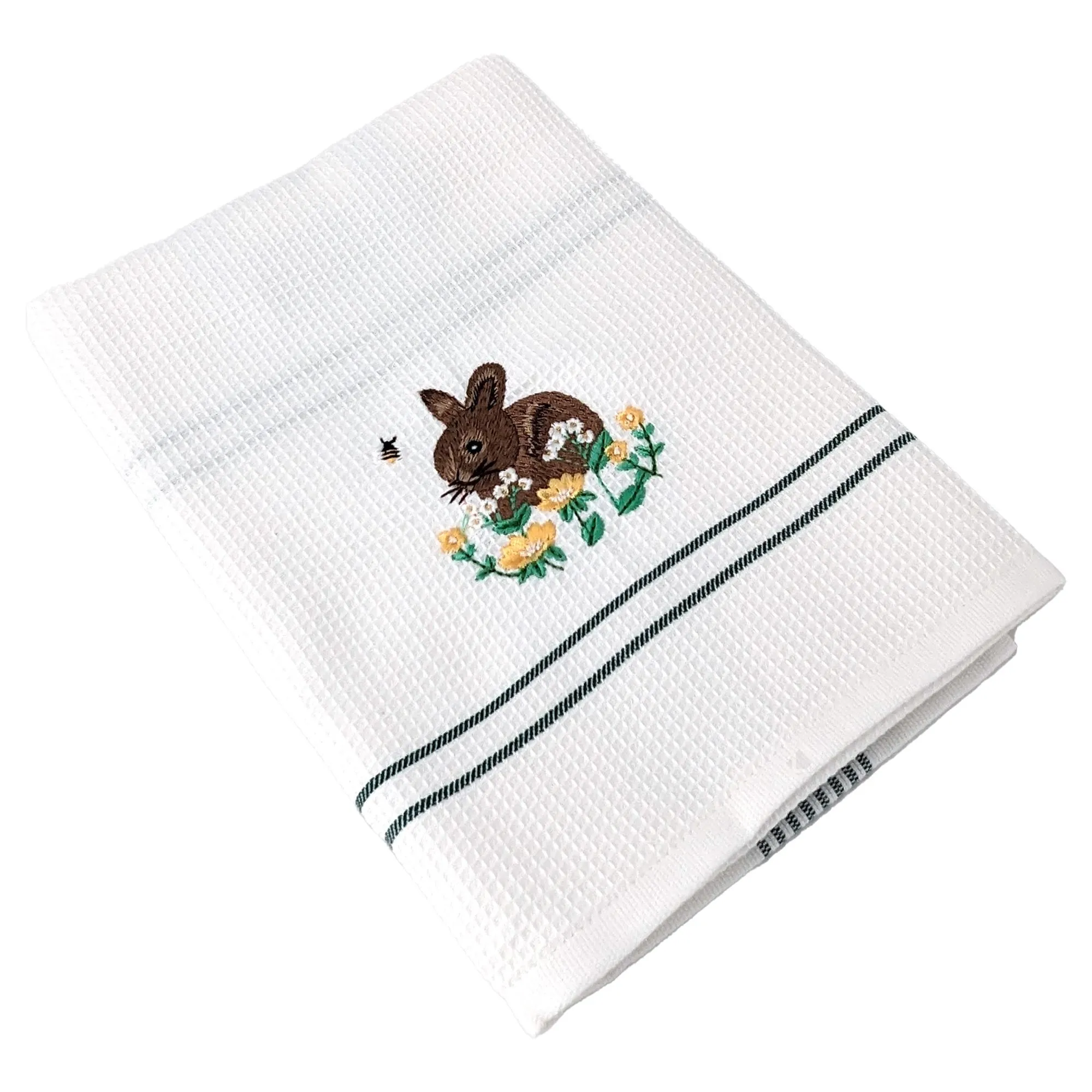 Torchon de cuisine 50x70 cm WAFFLE BRODÉ coton vert broderie lapin
