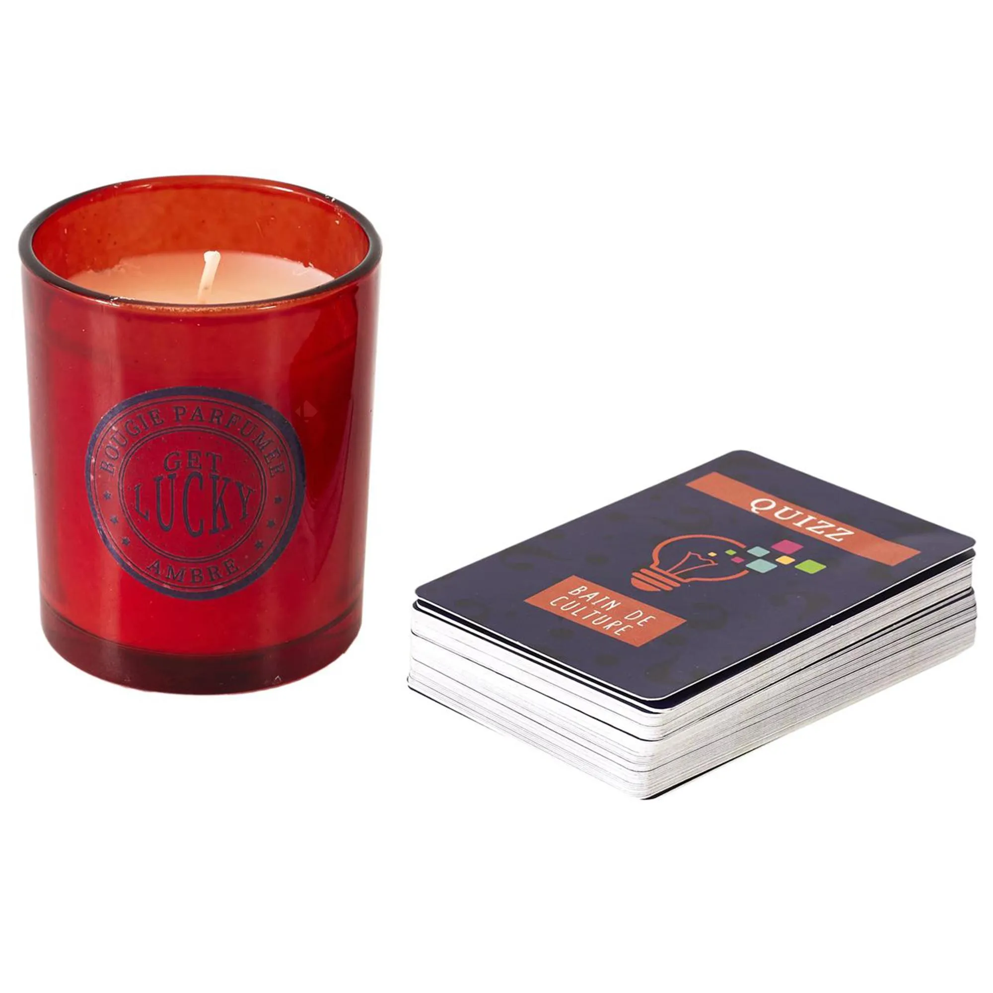 Coffret cadeau 1 bougie parfumée et 1 jeu de cartes quizz GET LUCKY