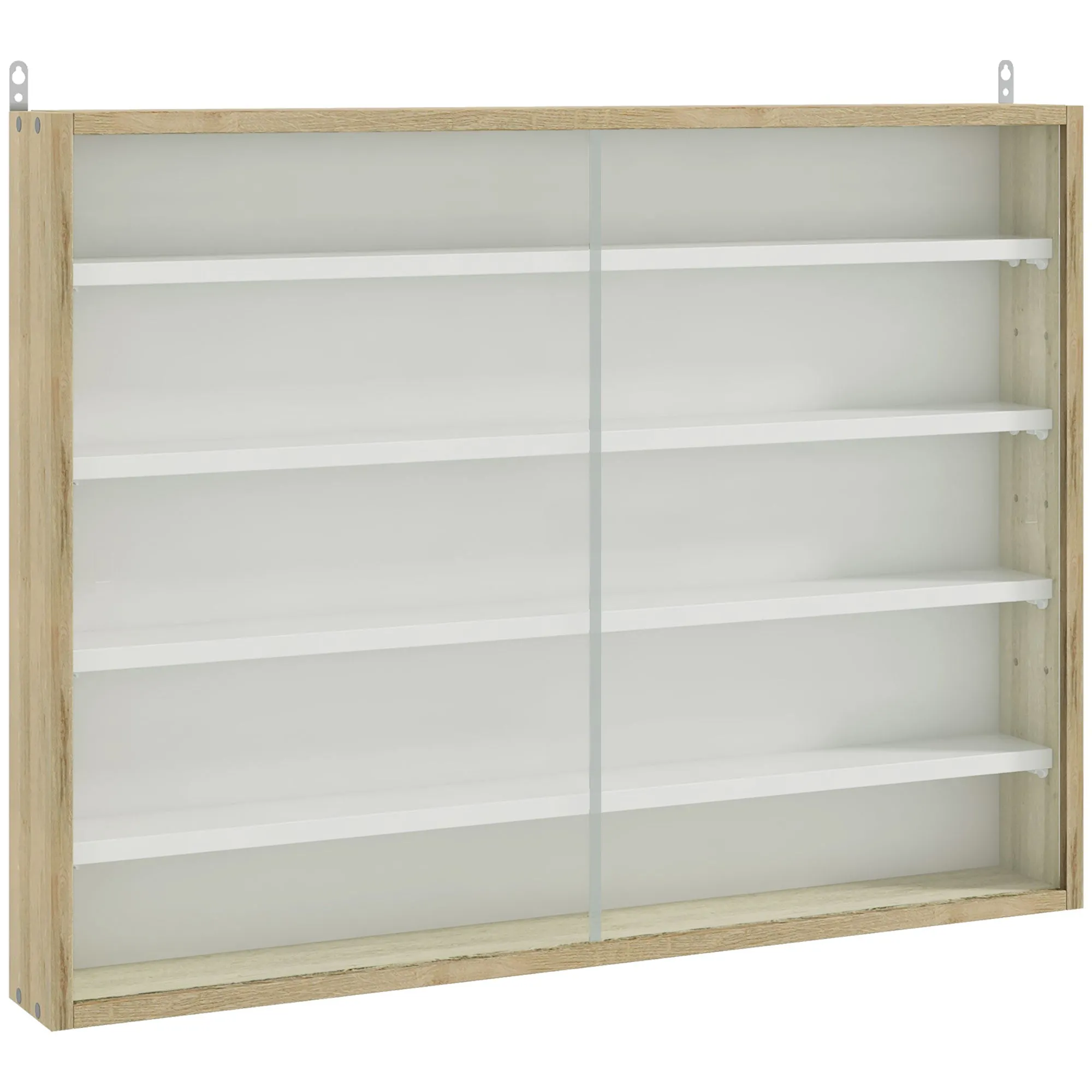 Wall Display Shelf Unit Cabinet Natural 5 Tier 60x80cm w 4 Adjustable Shelves Glass Doors Home Office Ornaments