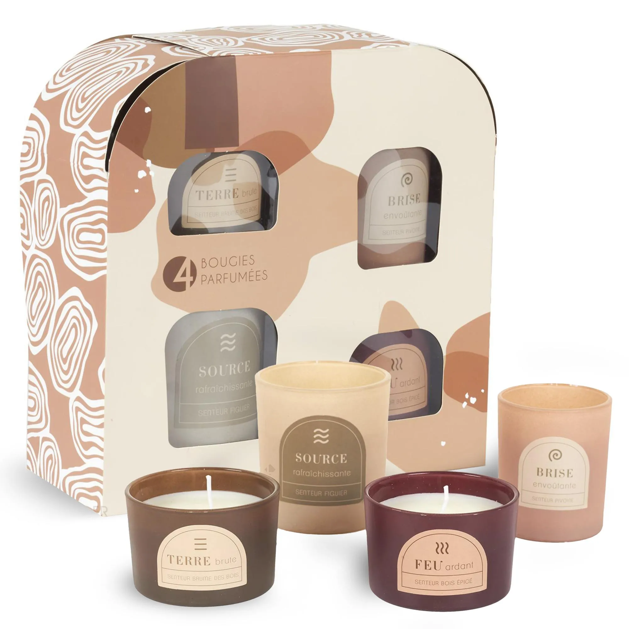 Coffret de 4 bougies parfumées figue pivoine brume des bois et bois épicé collection ELEMENT marron