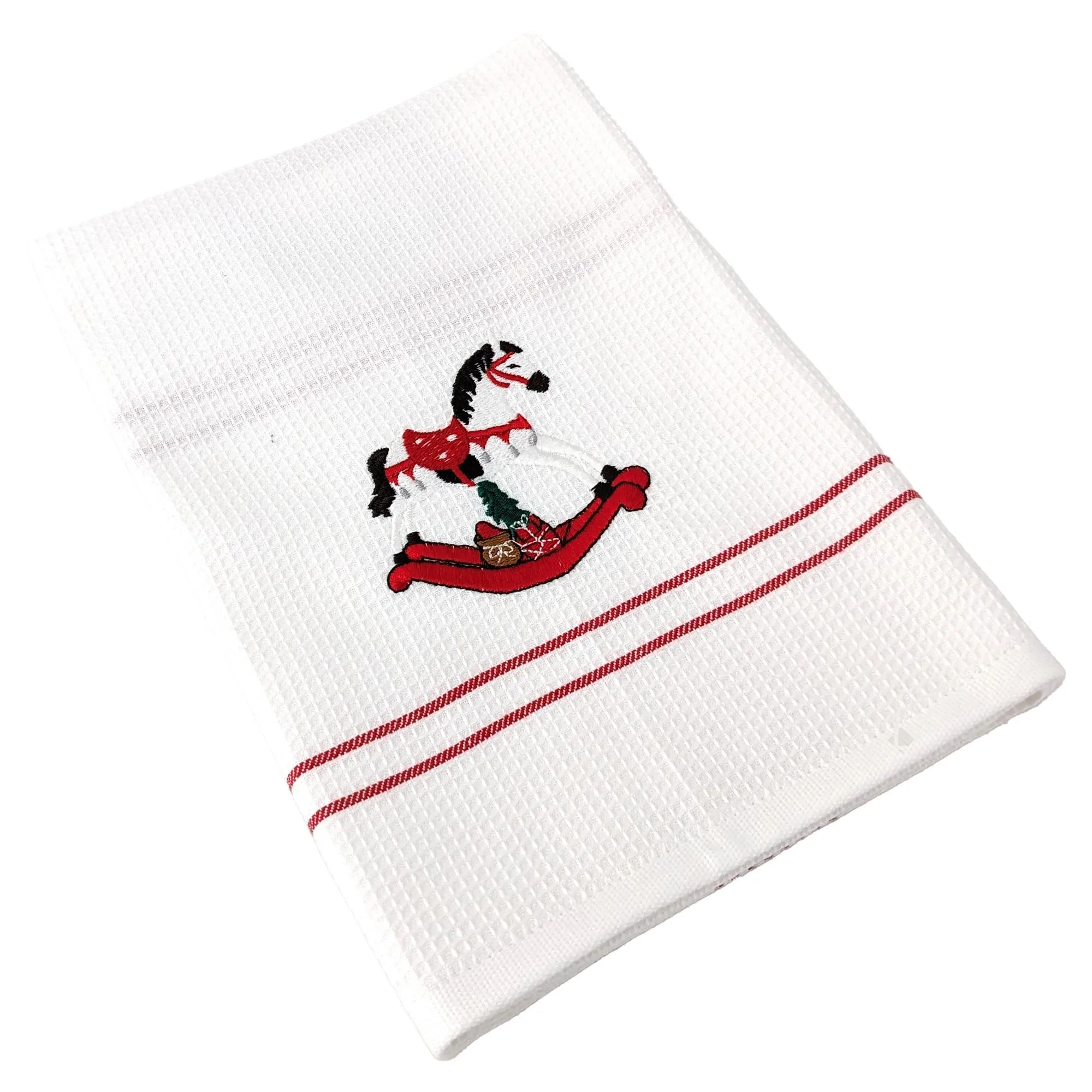 Torchon de cuisine 50x70 WAFFLE BRODÉ coton rouge broderie cheval