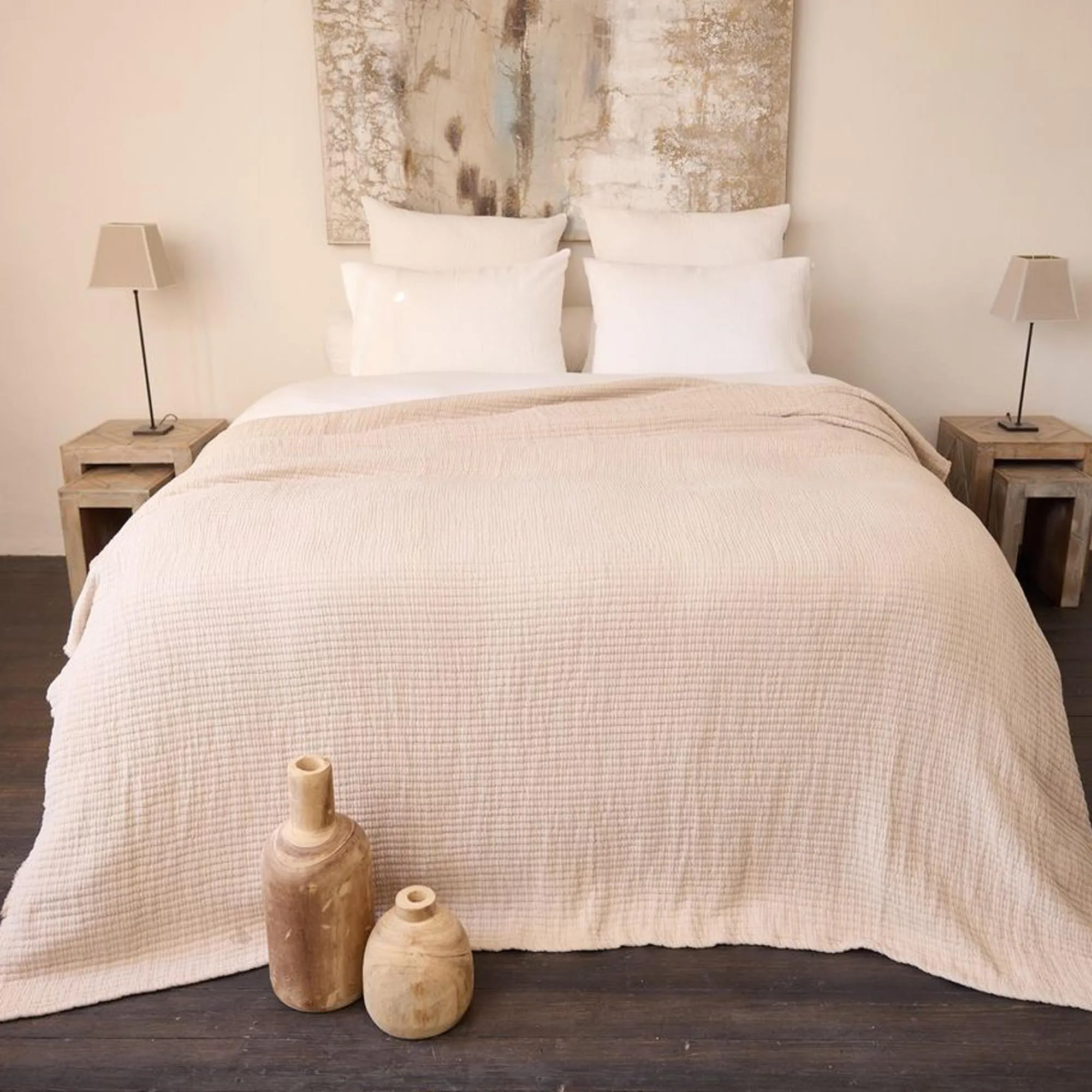 Dessus de lit 180x250 cm en coton lavé SEVILLE blanc latte