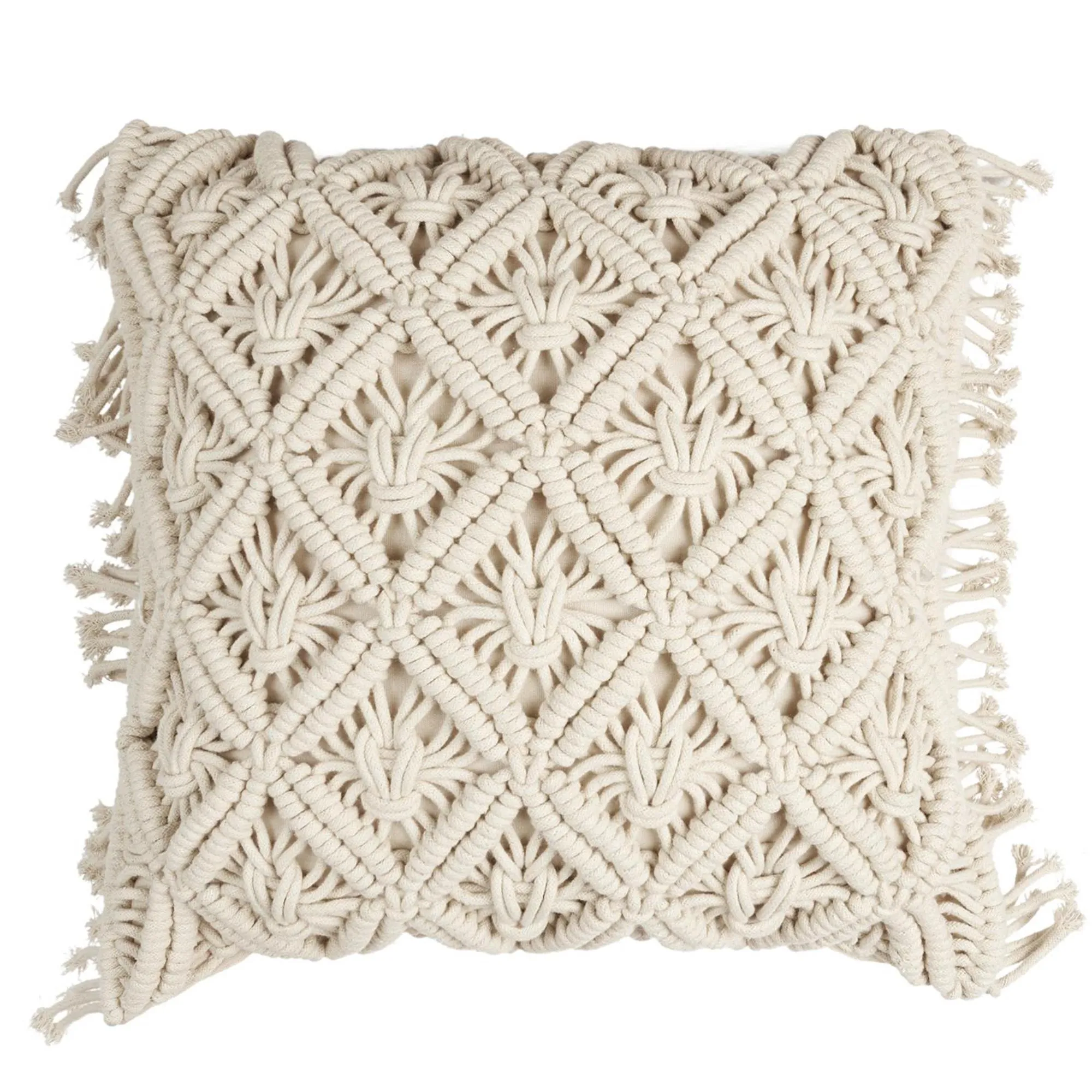 Coussin à franges 40x40 cm collection BOHEME macramé façon tressé beige