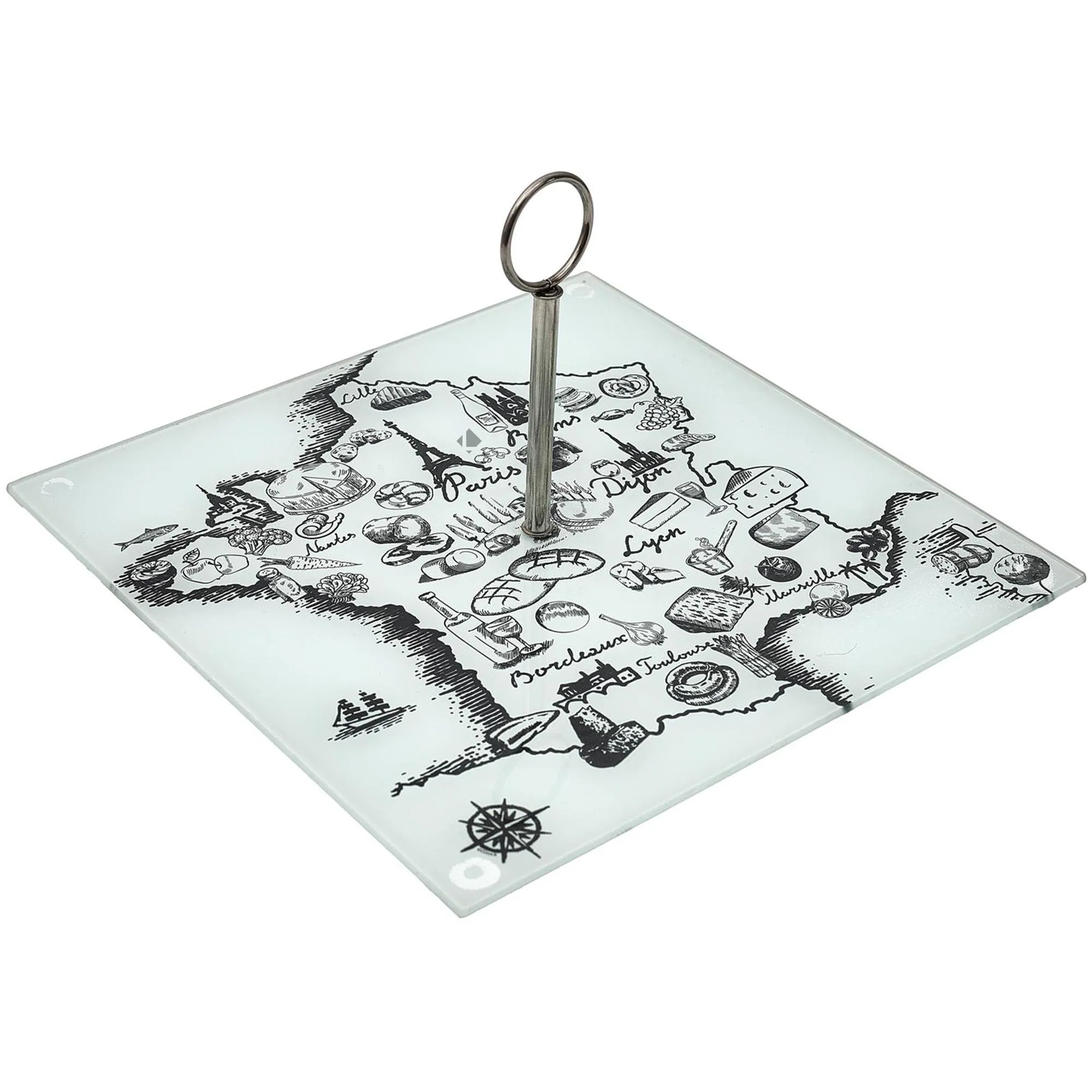 Plateau en verre FRANCE ET FROMAGES forme carte de la France beige et blanc