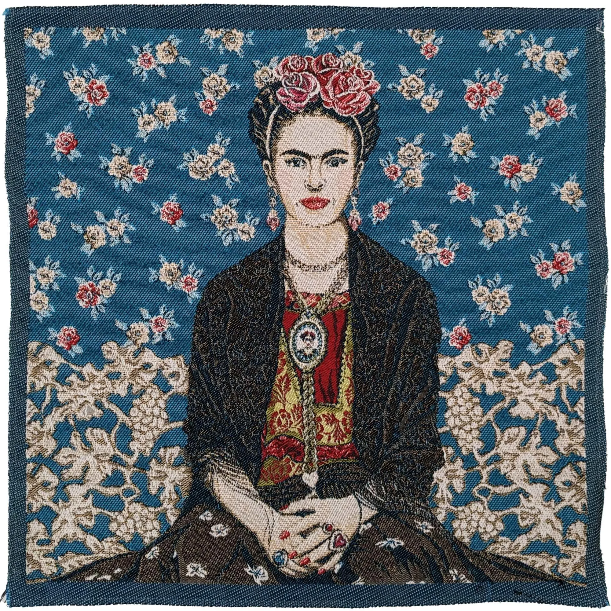 Carré jacquard polycoton 47x47 cm MAGDA motif Frida Kahlo bleu
