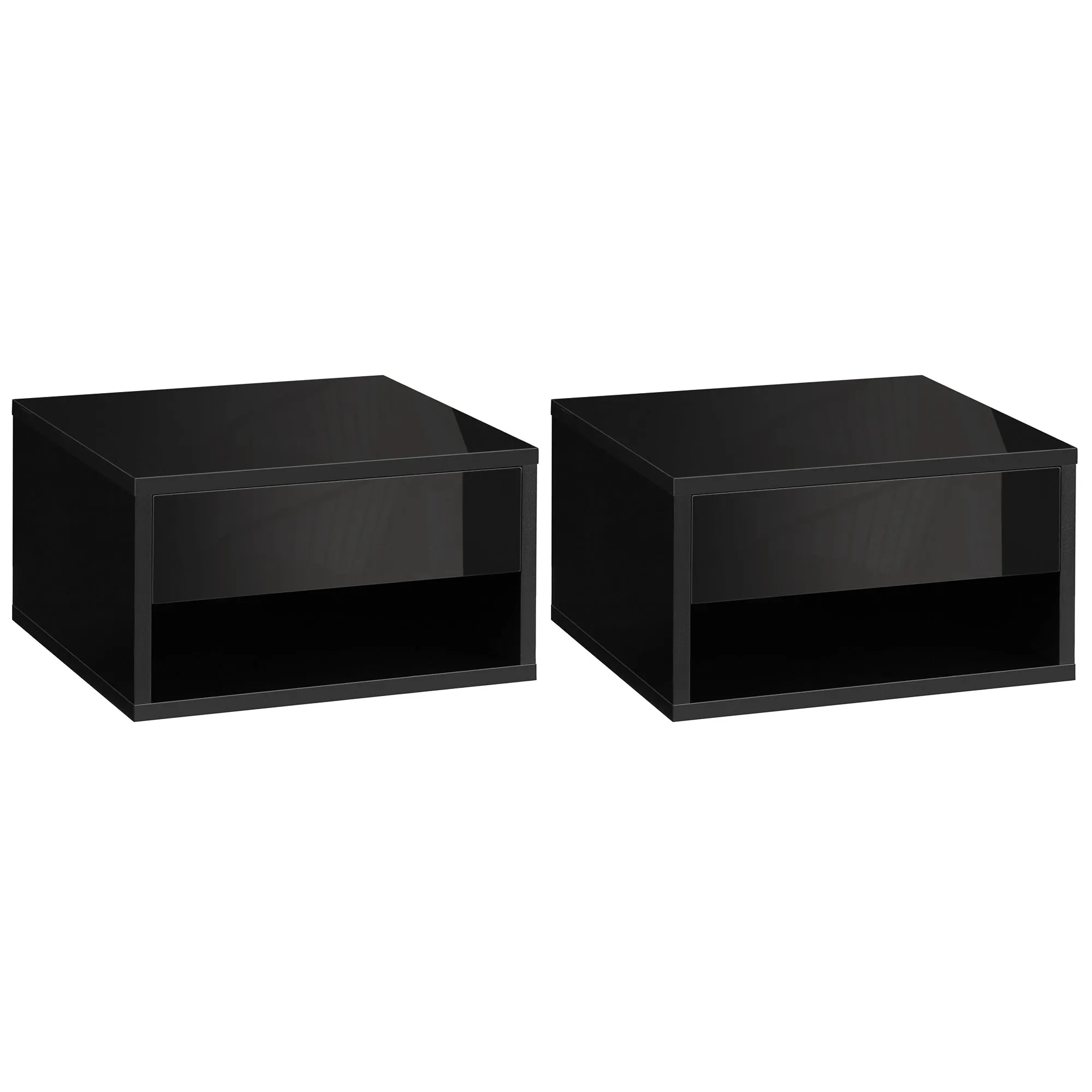 2 Pieces Bedside Table Wall Mounted High Gloss Black 37 x 32 x 21cm Nightstand with Drawer and Shelf for Bedroom
