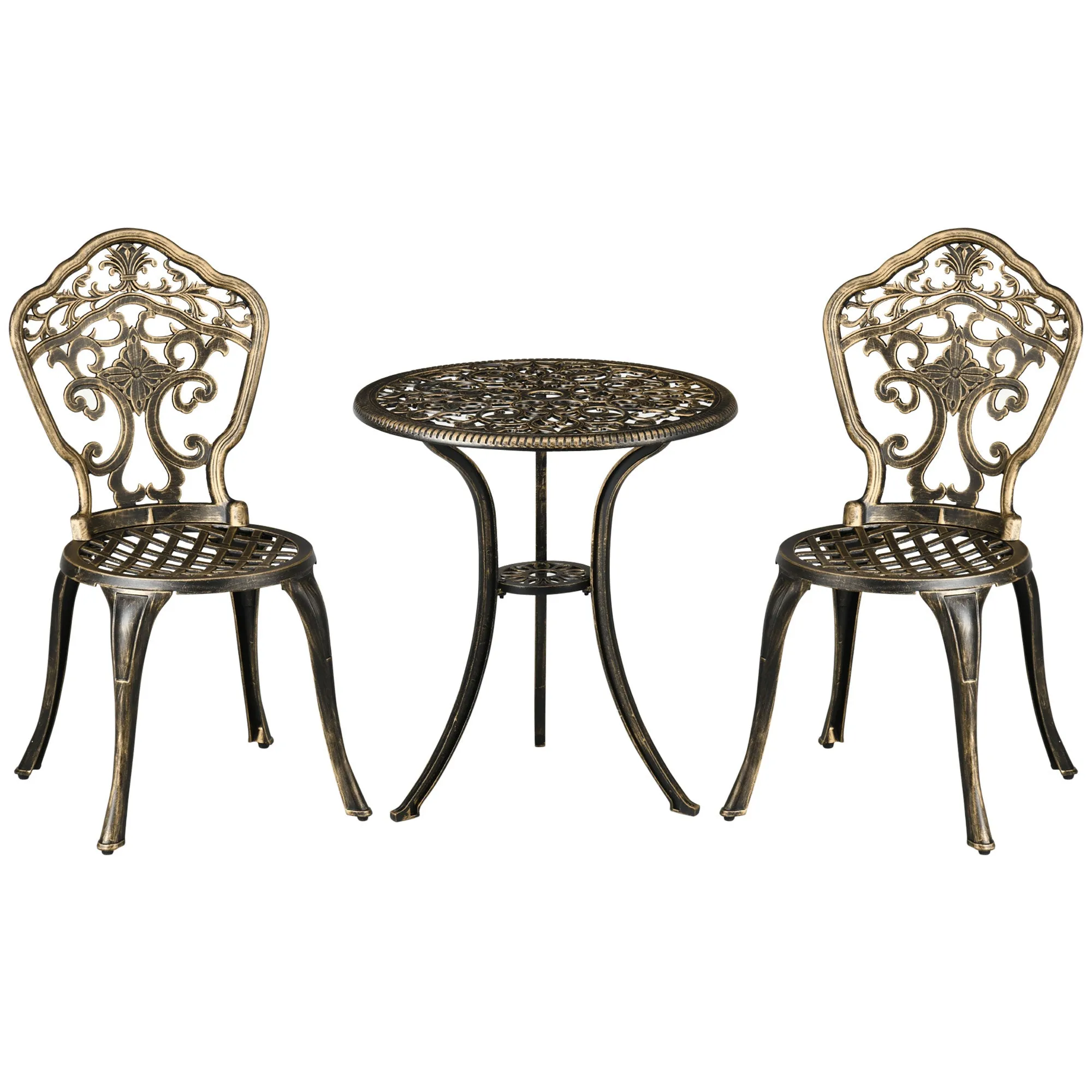 3 Piece Cast Aluminium Garden Bistro Set for 2 with Parasol Hole Two Armless Chairs Round Coffee Table Bronze