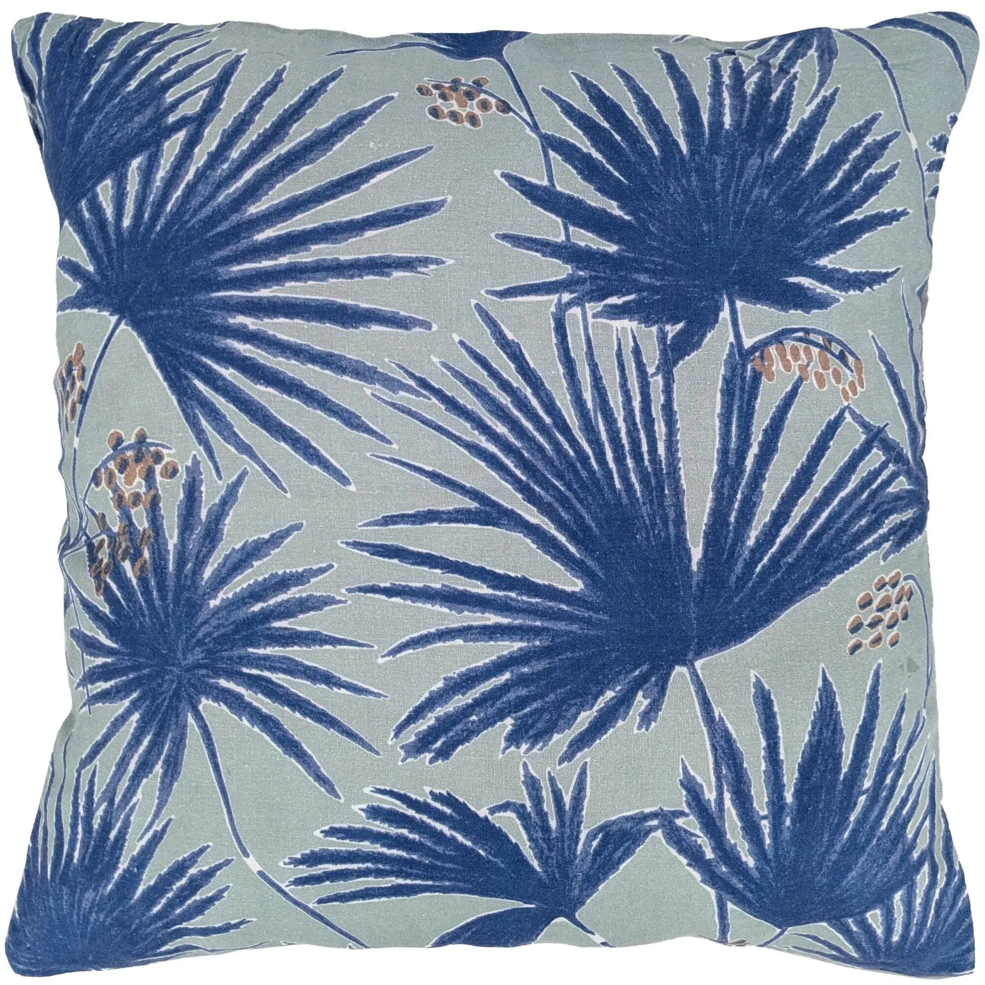 Housse de coussin 45x45 cm lin lavé motif végétal PALAWAN bleu Indigo