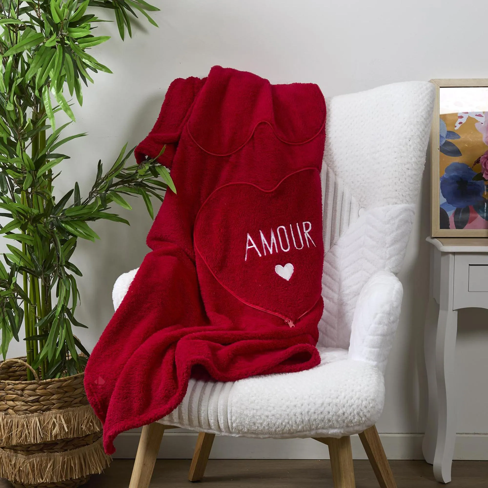 Coussin et plaid 120x150 cm polyester forme de coeur AMOUR TOUJOURS rouge