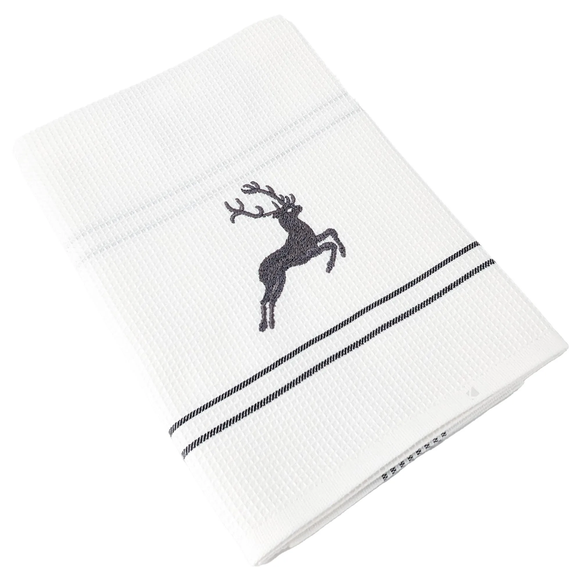 Torchon de cuisine 50x70 cm WAFFLE BRODÉ coton gris broderie cerf