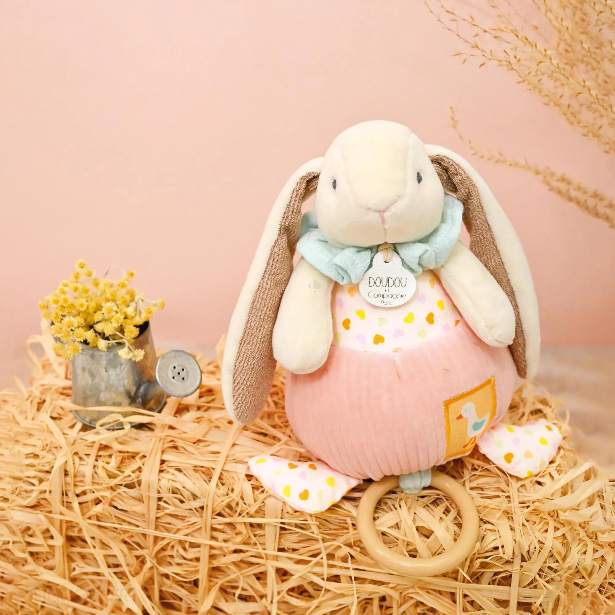 Doudou boîte à musique lapin Ciboulette 20 cm polyester collection DANS MON JARDIN rose