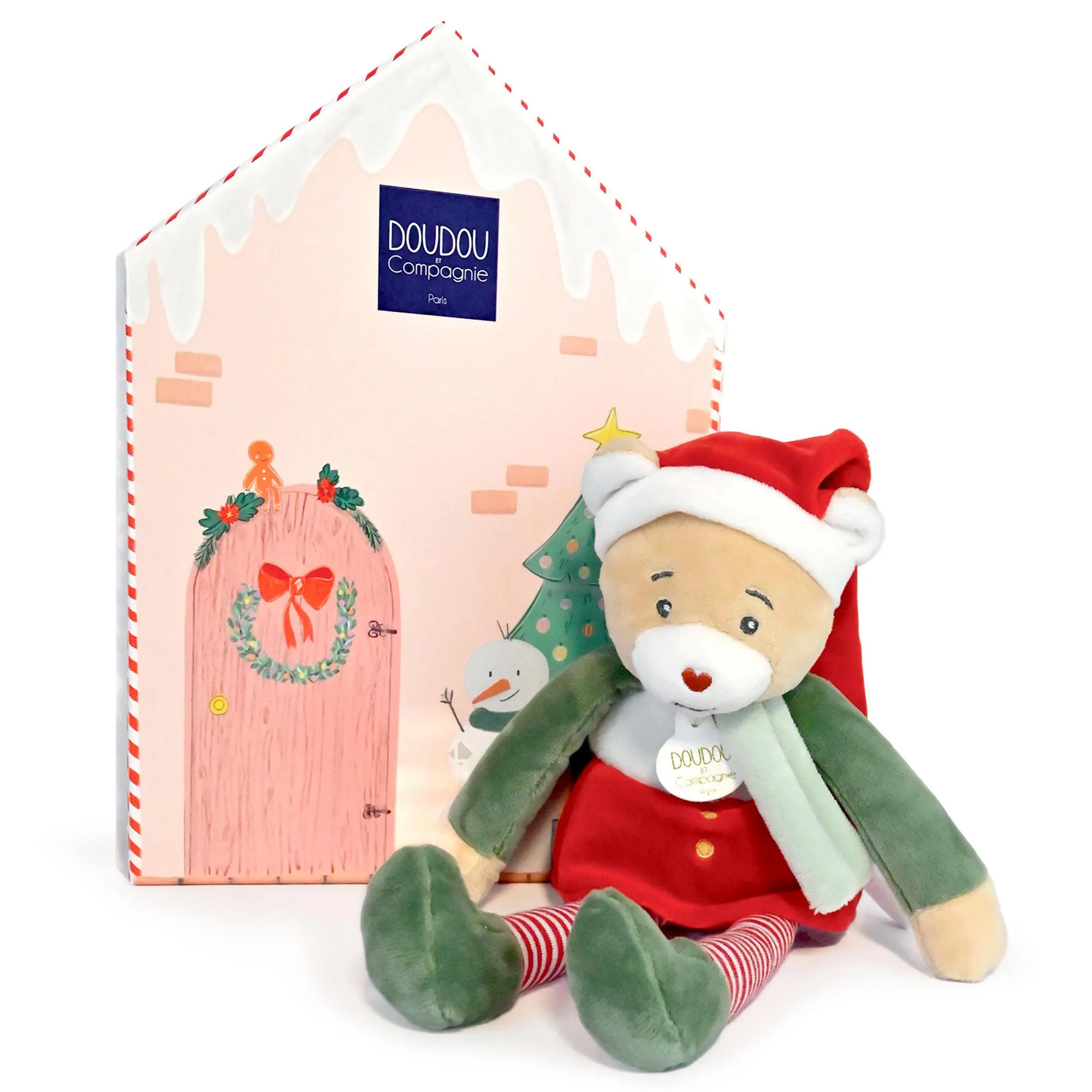 Doudou ours 27 cm collection DOUDOU FARCEUR Cannelle rouge et vert