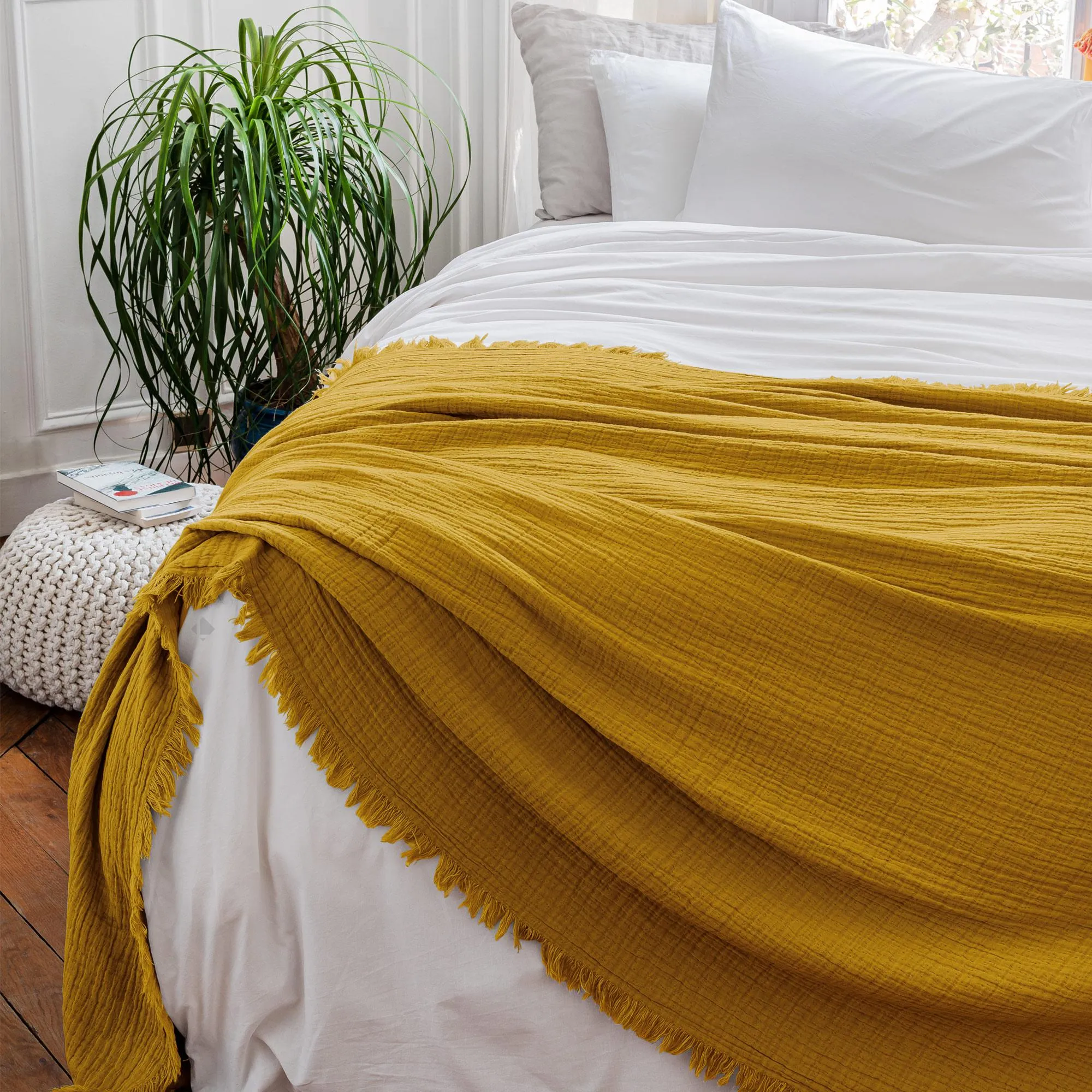 Dessus de lit 180x250 cm BREHAT 100% gaze de coton jaune miel