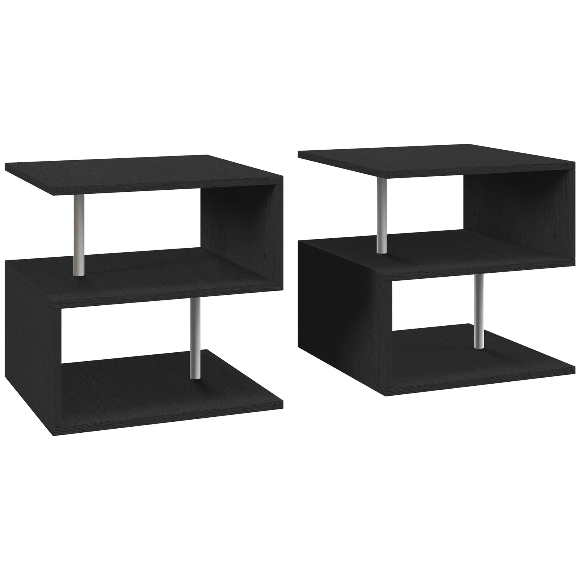 Wooden S Shape Cube Coffee Table 2 Tier Storage Shelves Organiser Office Bookcase Living Room End Desk Stand Display Set of 2, Black