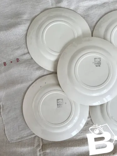 5 assiettes à dessert faïence vintage estampillées Salins - Marli vichy beige et blanche