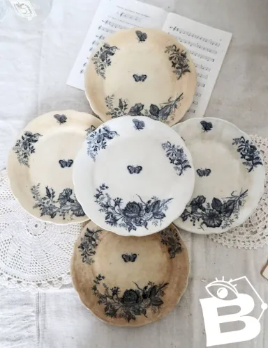 5 assiettes plates antiques faience dOnnaing Nord motif fleuri et papillon bleu patine