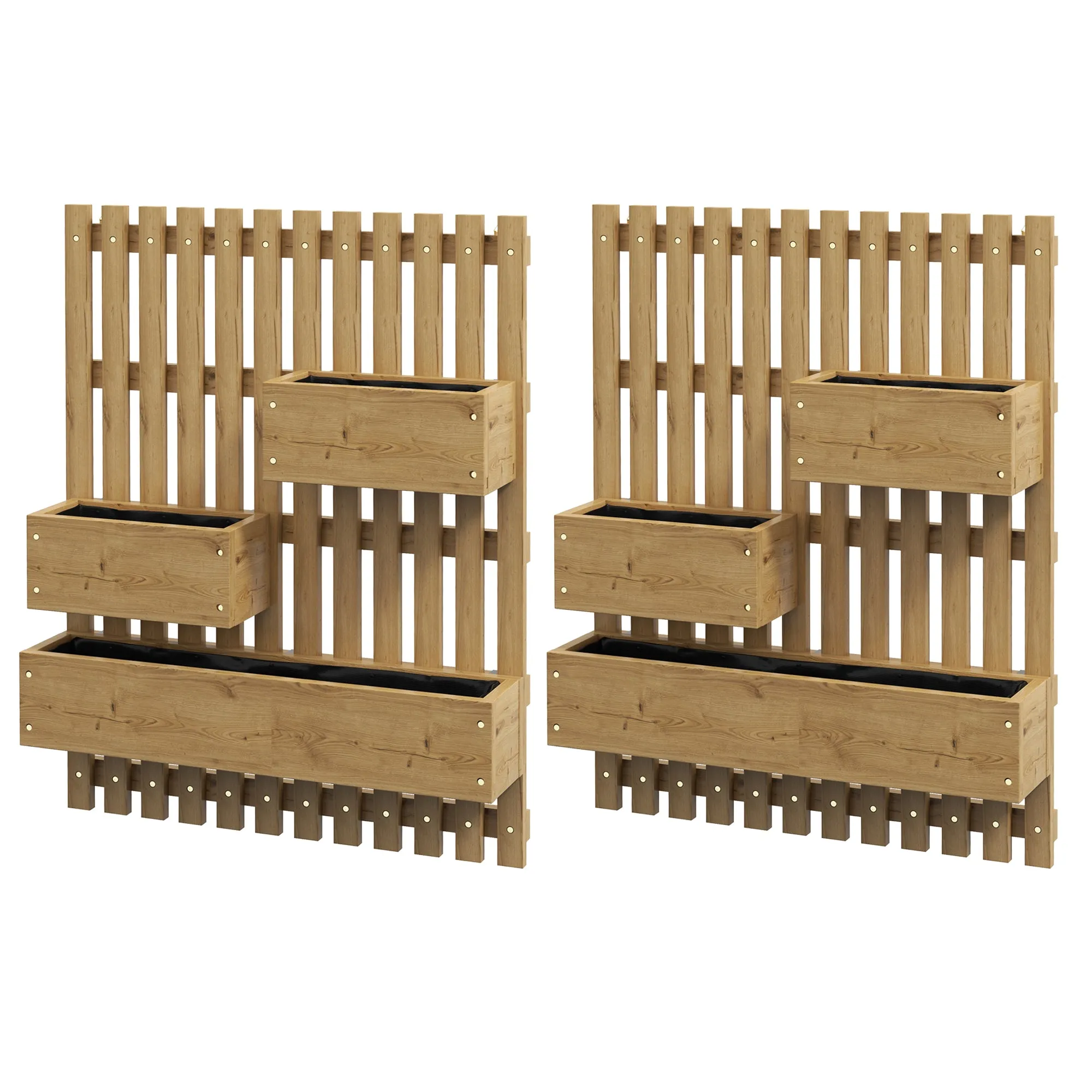 Wooden Garden Planters Carbonised Set of 2 Wall-mounted with Trellis Drainage Holes Movable Planter