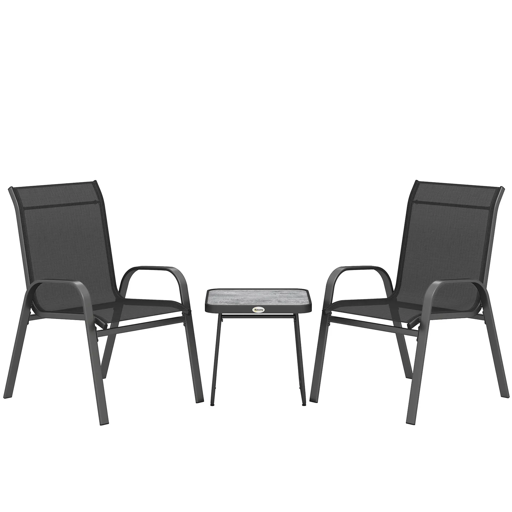 3 Pieces Outdoor Bistro Set Patio Stackable Armchairs Breathable Mesh Fabric SPC Board Coffee Table Black