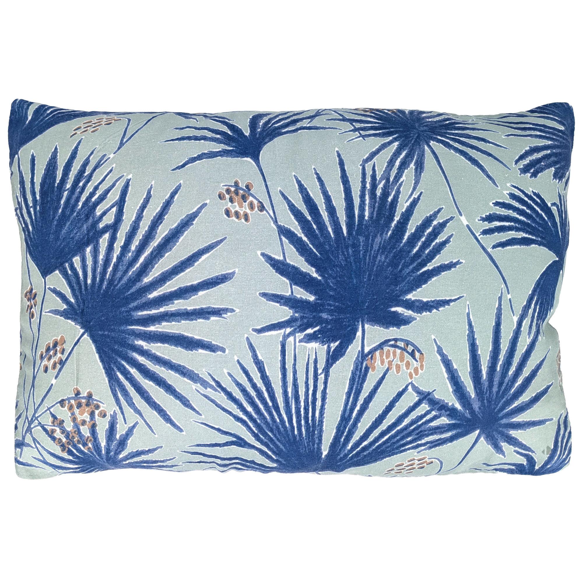Housse de coussin 40x60 cm lin lavé motif végétal PALAWAN bleu Indigo