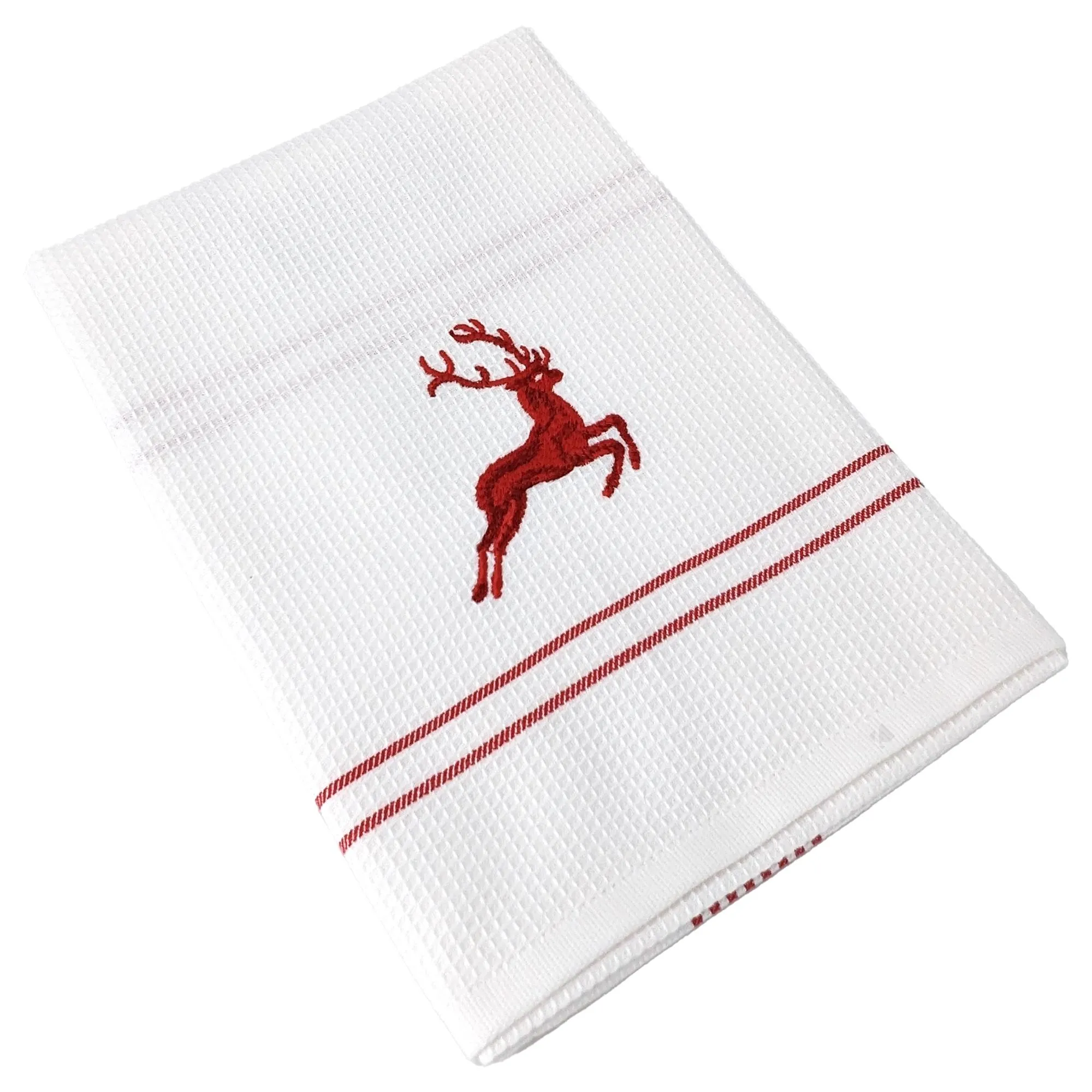 Torchon de cuisine 50x70 cm WAFFLE BRODÉ coton rouge broderie cerf