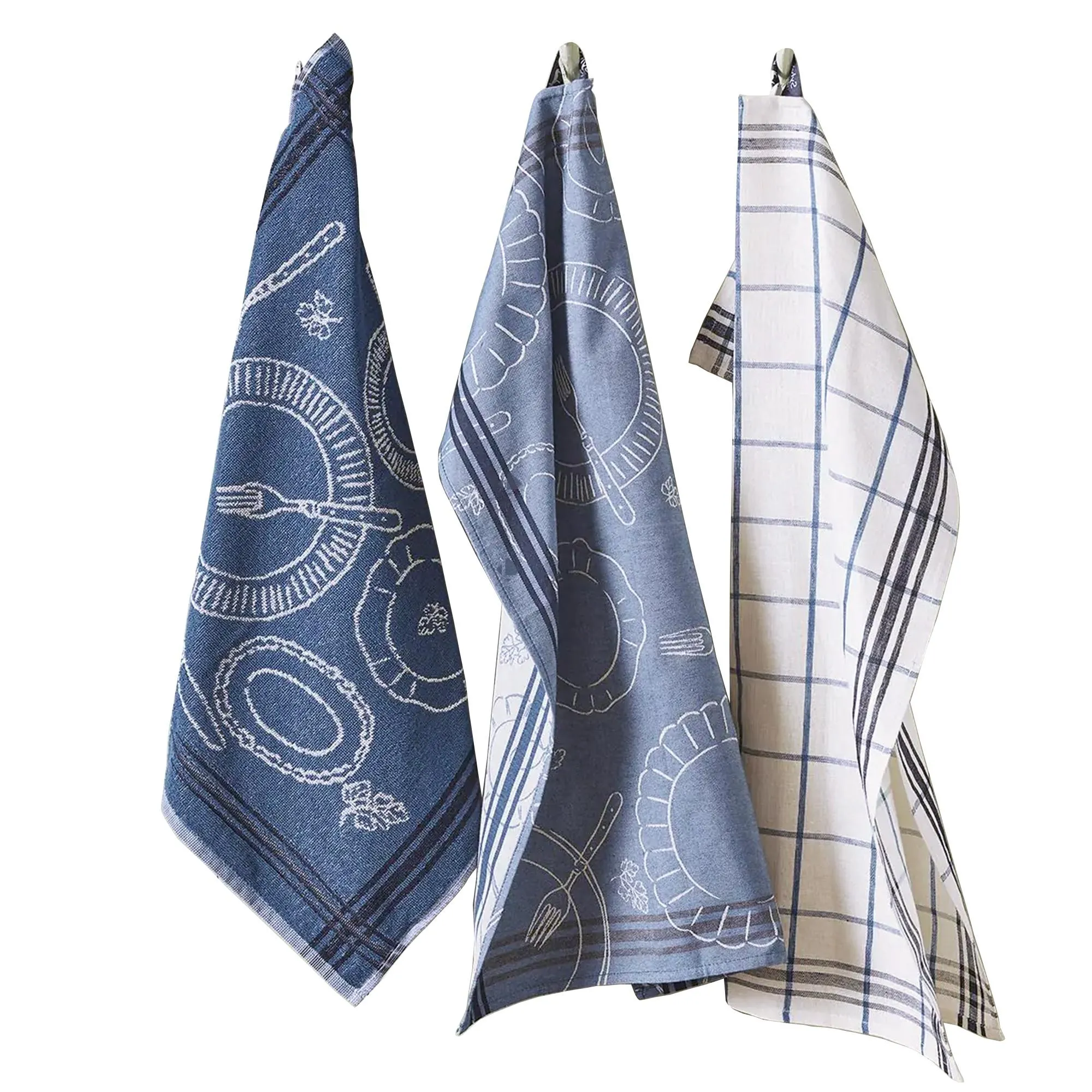 Trio de torchon de cuisine 50x70 et 50x50 cm coton et lin A TABLE bleu