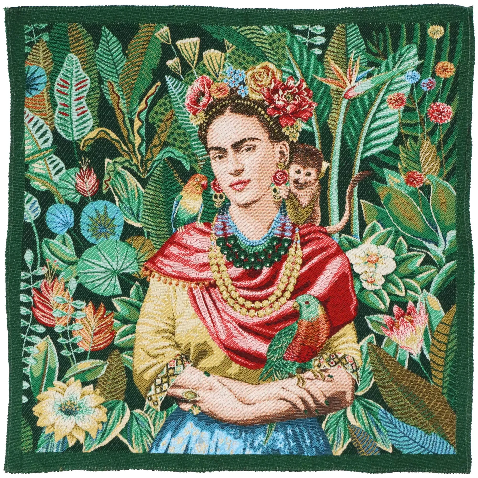 Carré de tissu jacquard polycoton motif Frida Kahlo CARM vert