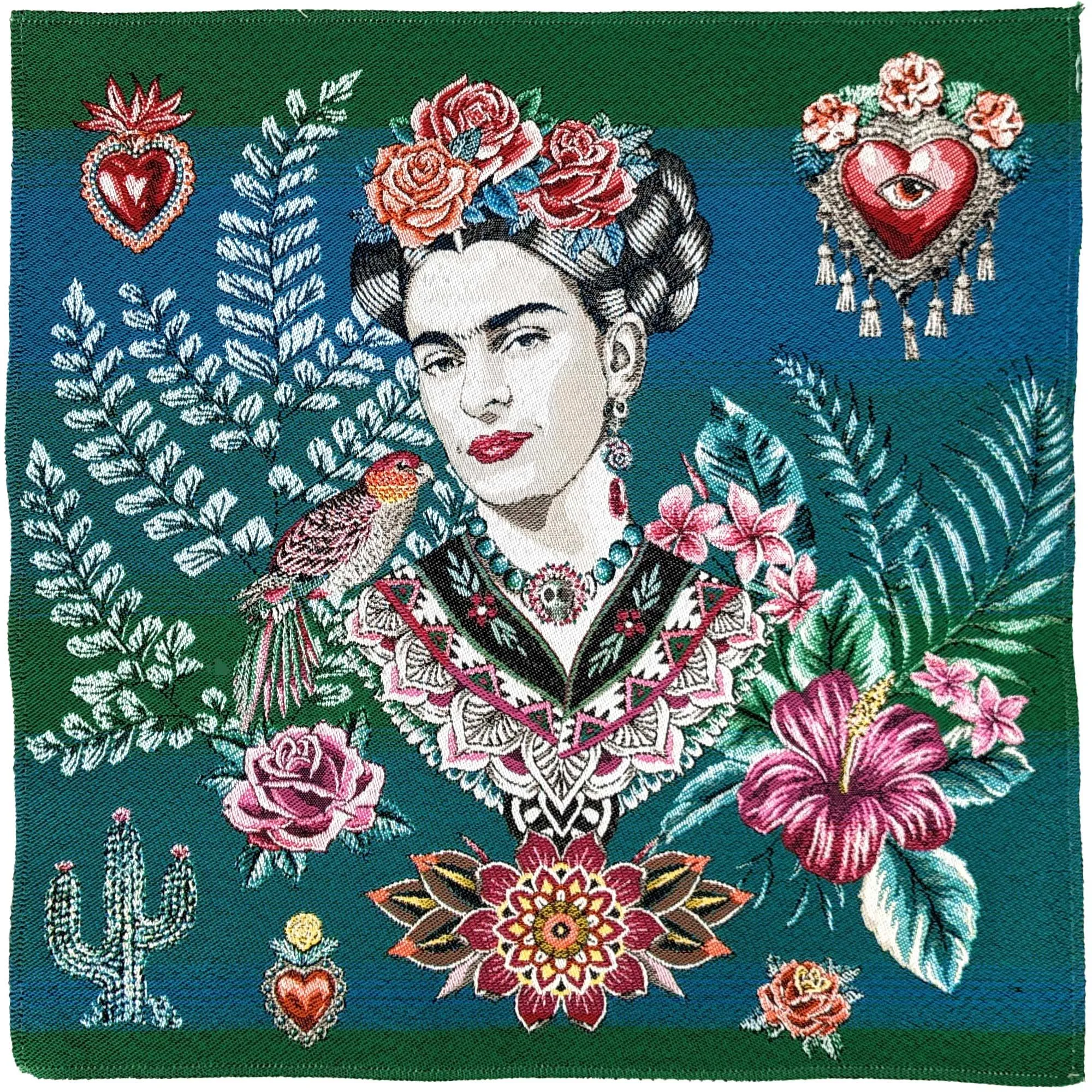 Carré de tissu polycoton motif Frida Kahlo ARTISTA vert Emeraude