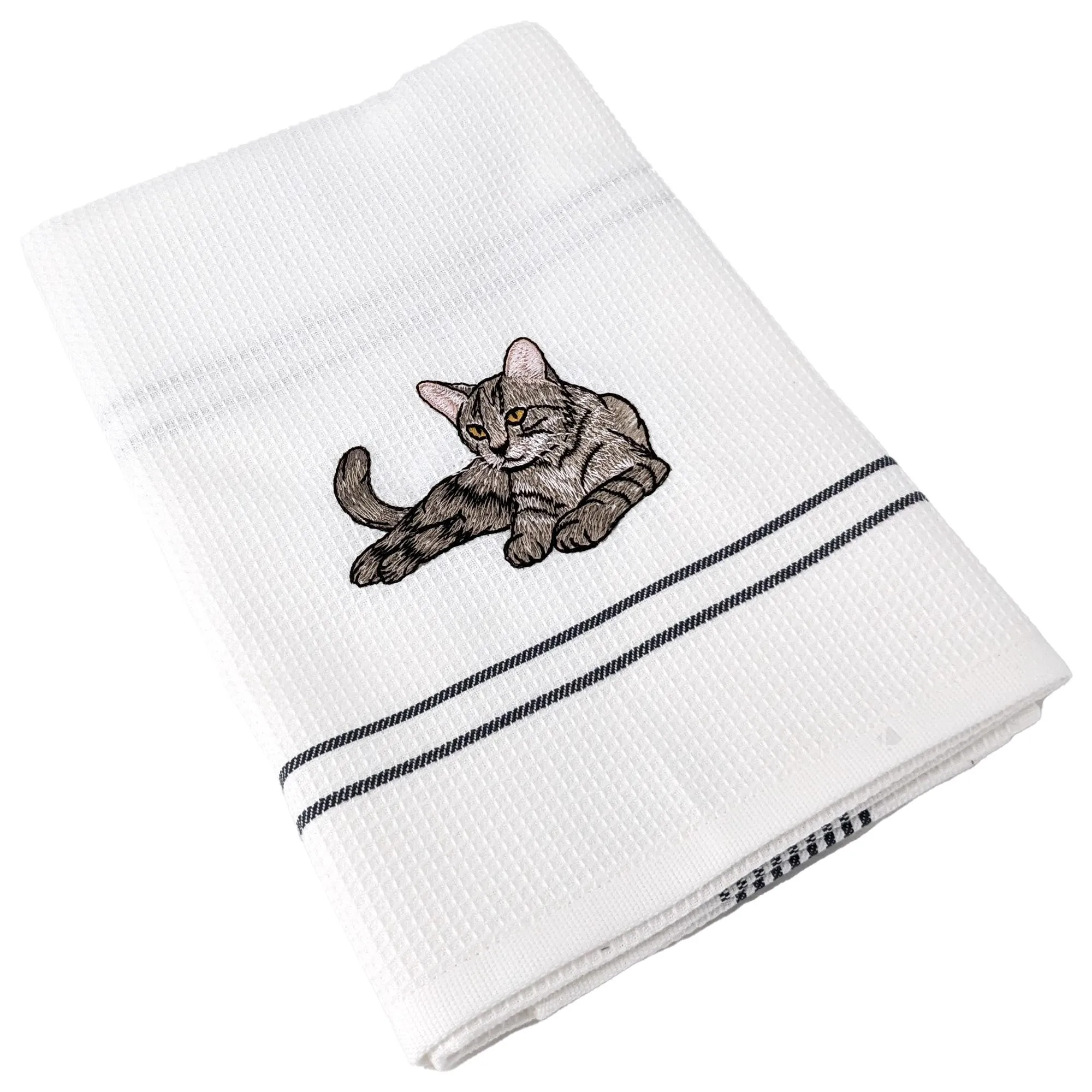 Torchon de cuisine 50x70 cm WAFFLE BRODÉ coton gris broderie chat