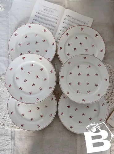 6 assiettes à dessert anciennes faïence Belge Nimy motif rouge