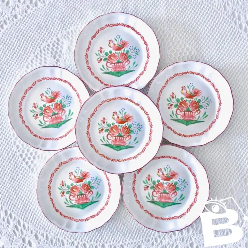6 assiettes à dessert St Clément au coq peint à la main, XIXe