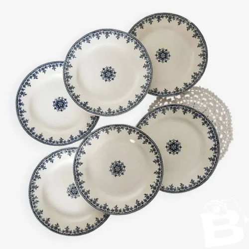 6 assiettes plates terre de fer antiques H.B & Cie manufacture Choisy-le-roi modèle Gagny