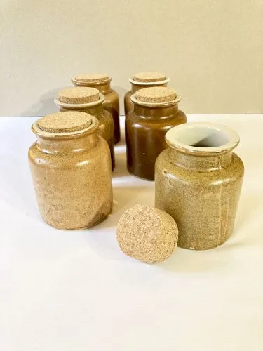 6 pots à moutarde anciens en grès avec bondes en liège